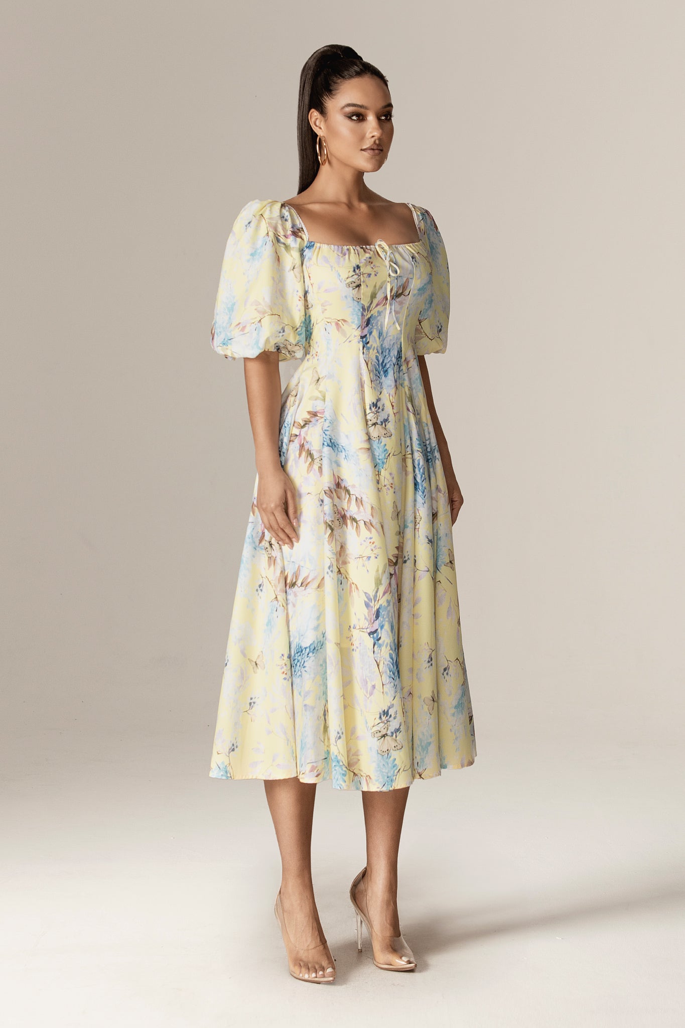 Daryl Crepe Puff Sleeves Midi Dress (Yellow Butterfly Meadow)