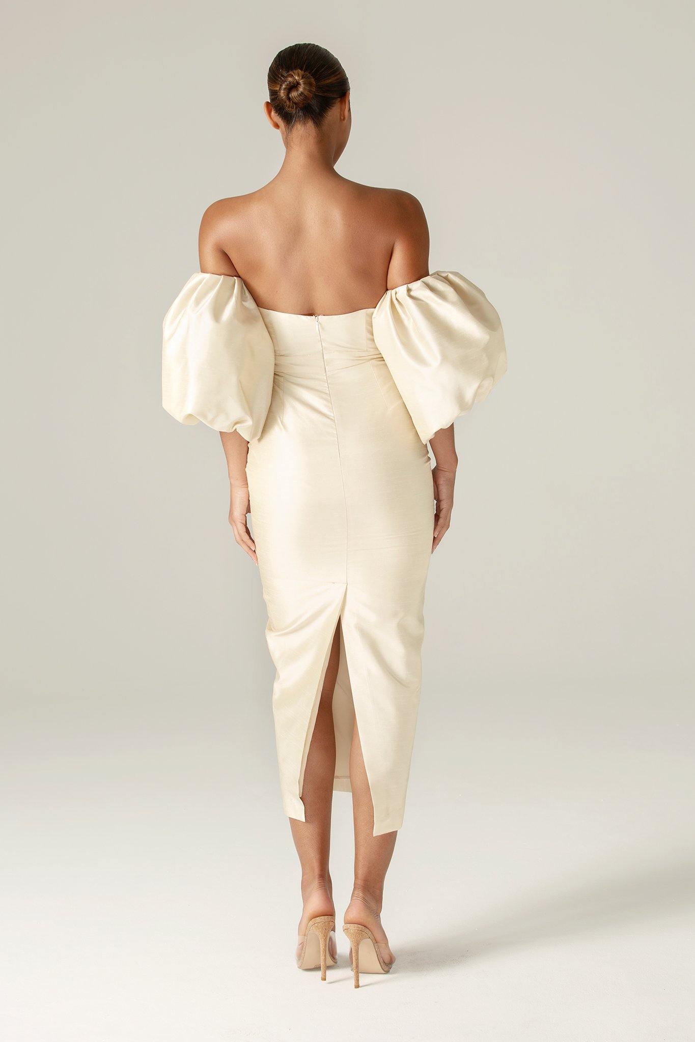 Tiffany Dupioni Puff Sleeve Maxi Dress (Beige)