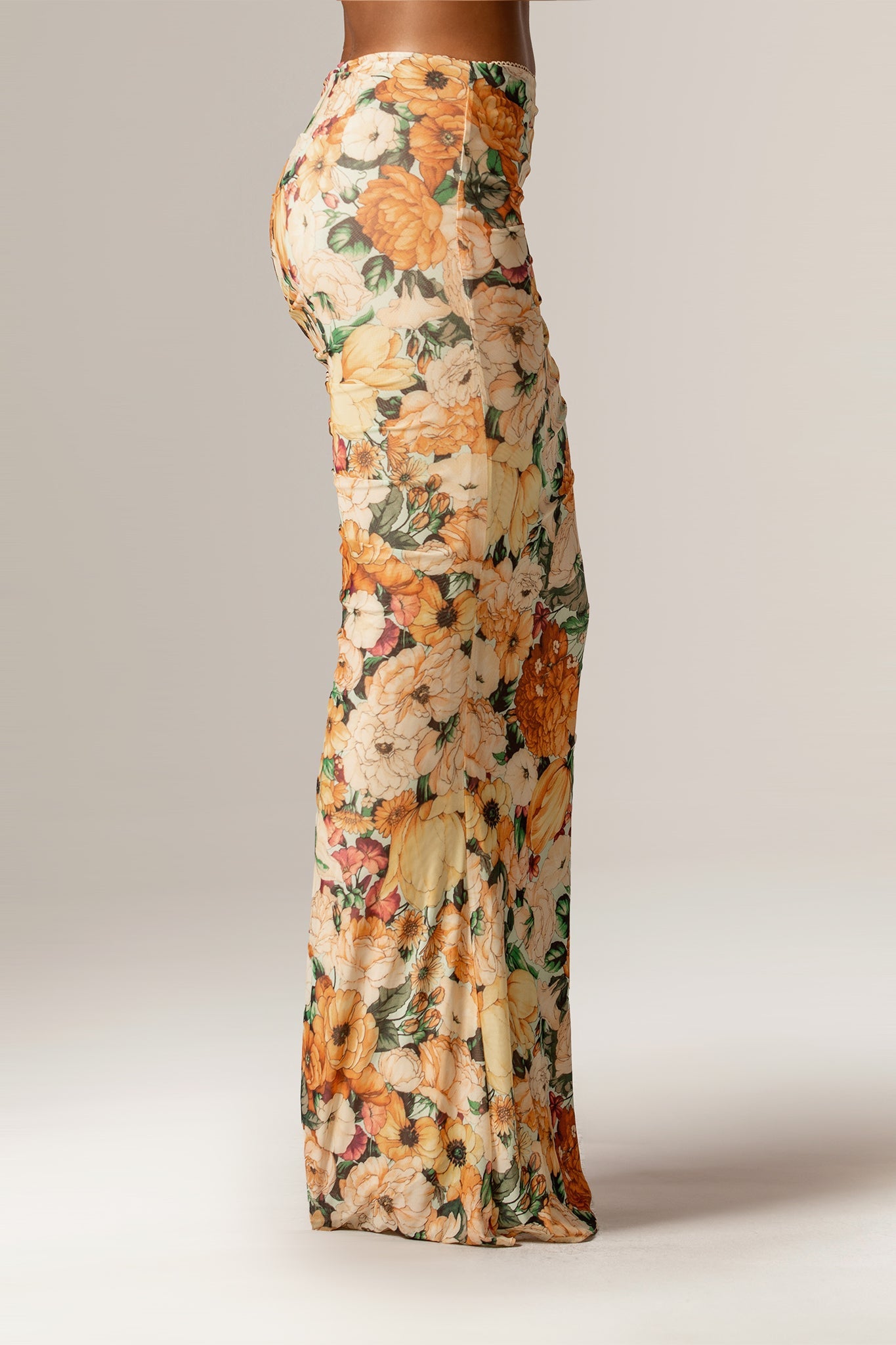 Jenna Ruched Mesh Maxi Skirt (Sunburst Floral Print)