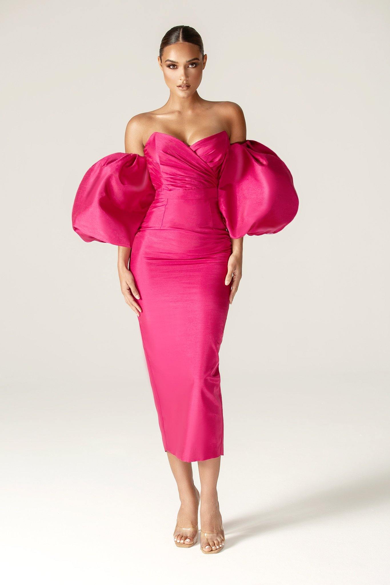 Tiffany Dupioni Puff Sleeve Maxi Dress (Hot Pink)