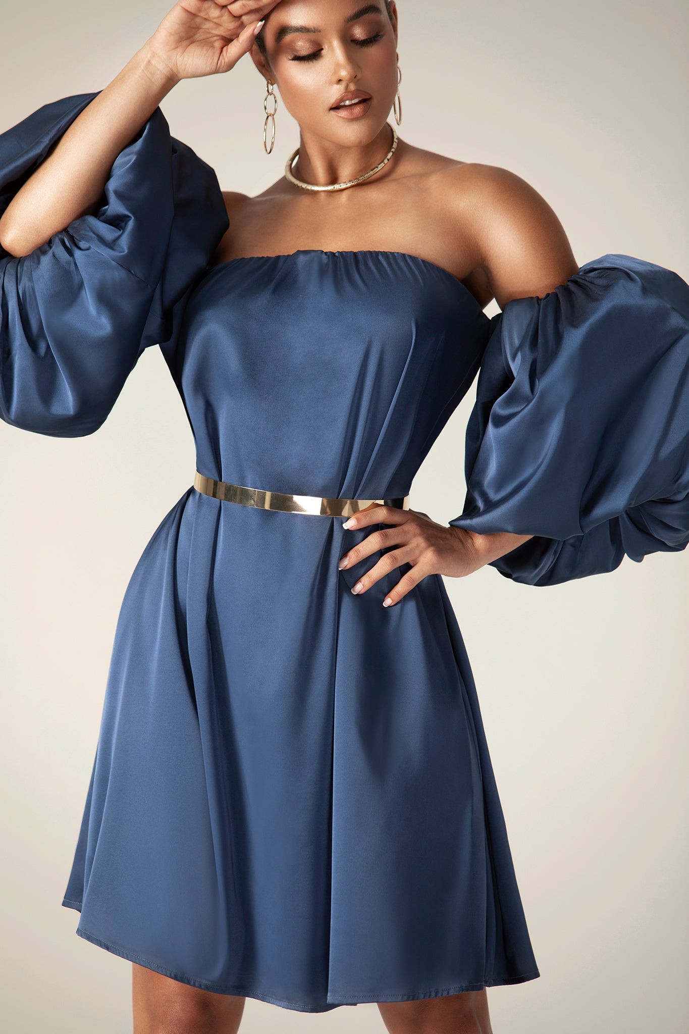 Ella Puff Sleeve Satin Midi Dress (Navy Blue)