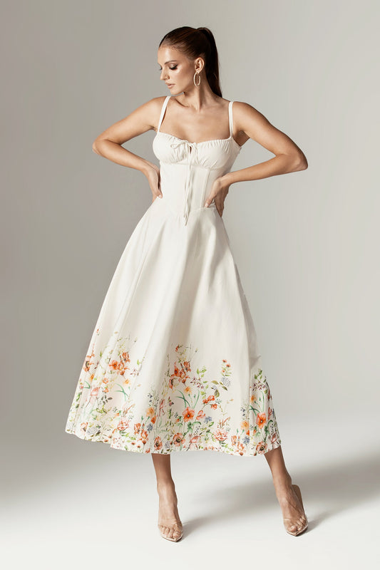 Annette Cotton Bustier Midi Sundress (Floral Print)