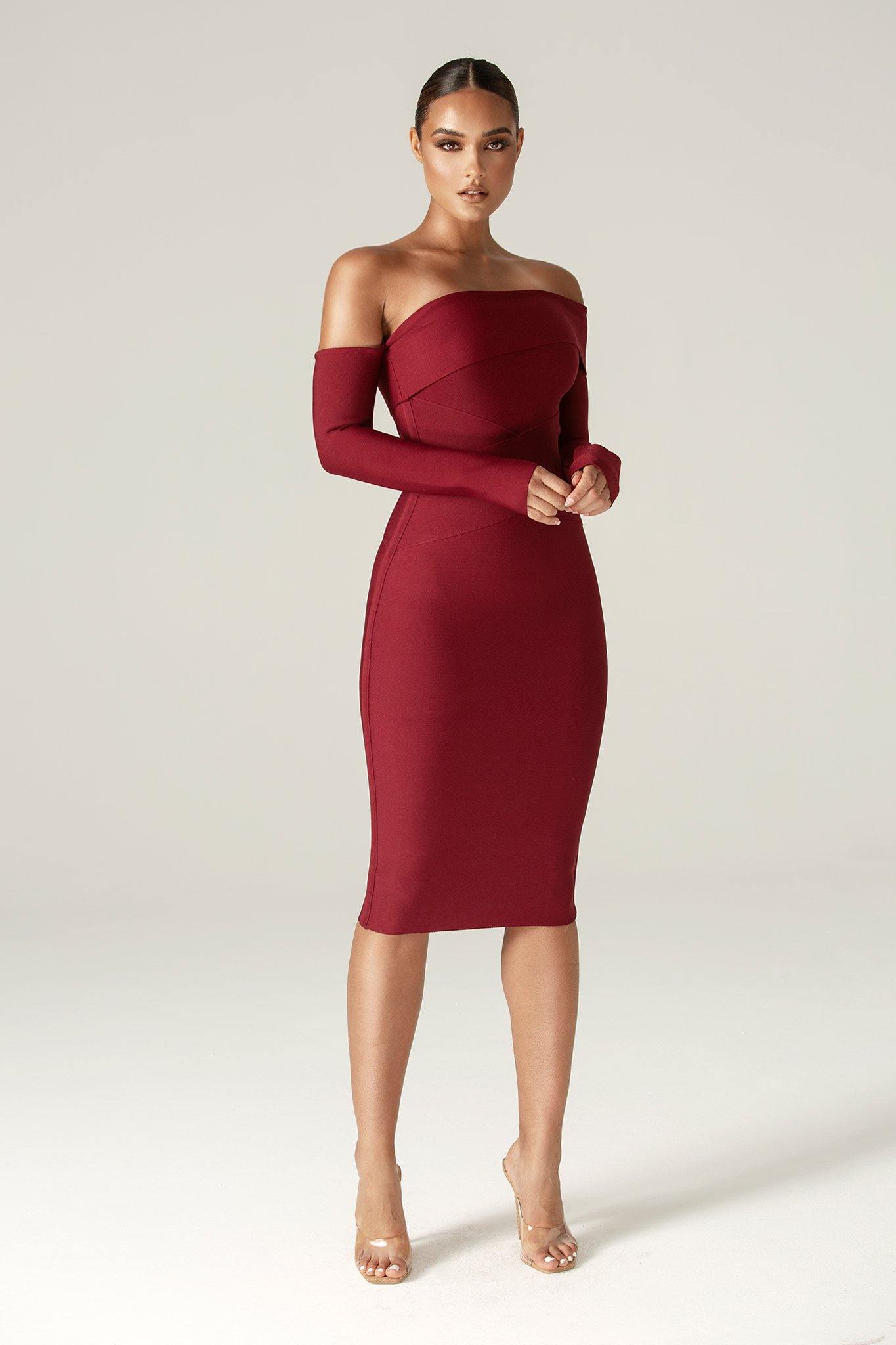 Shiva Off-Shoulder Bandage Midi Dress (Maroon)