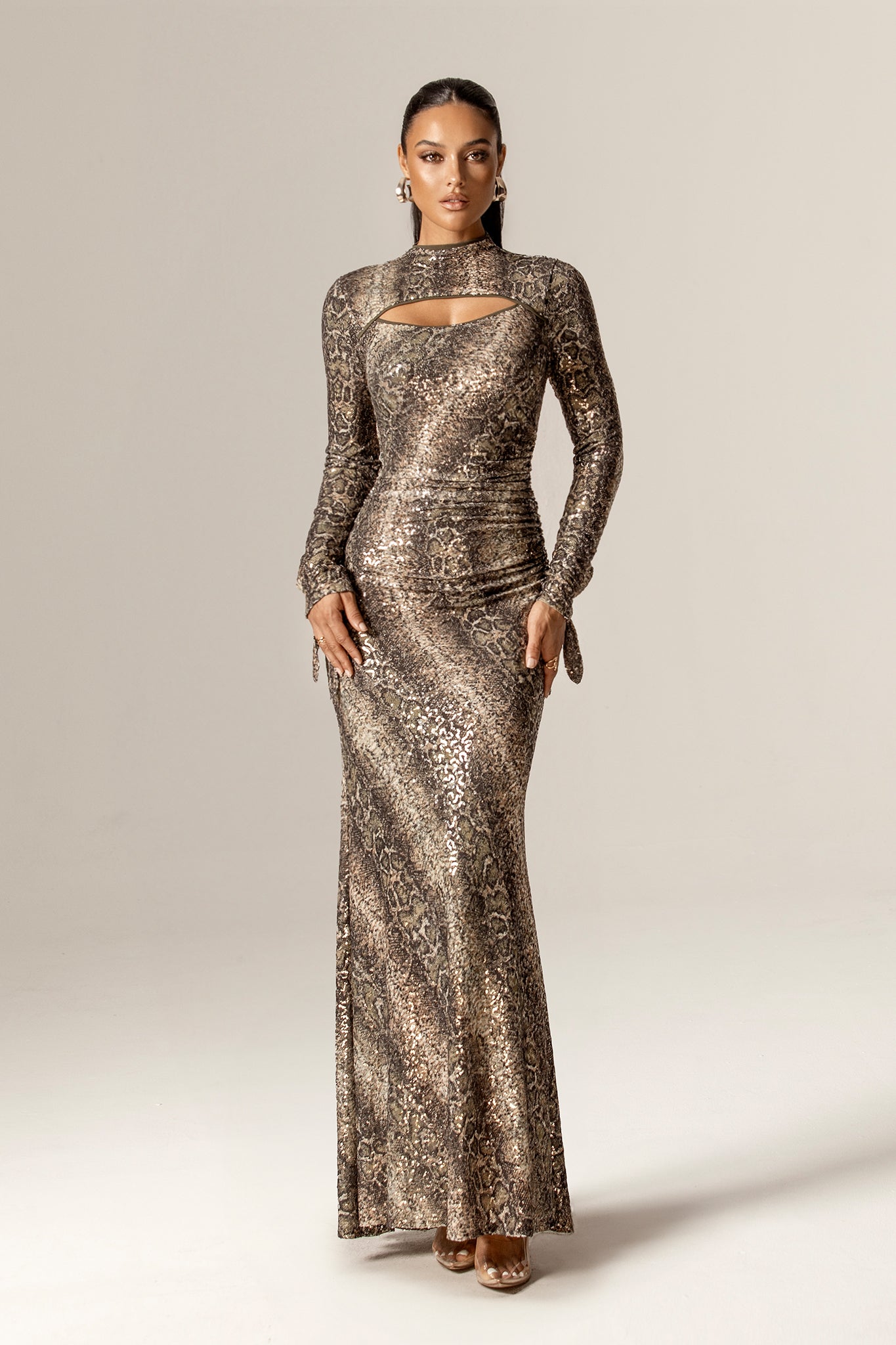 Dorty Sequins Mesh Maxi Dress (Snake Print)