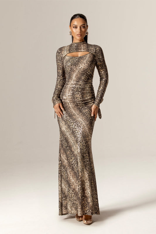 Dorty Sequins Mesh Maxi Dress (Snake Print)
