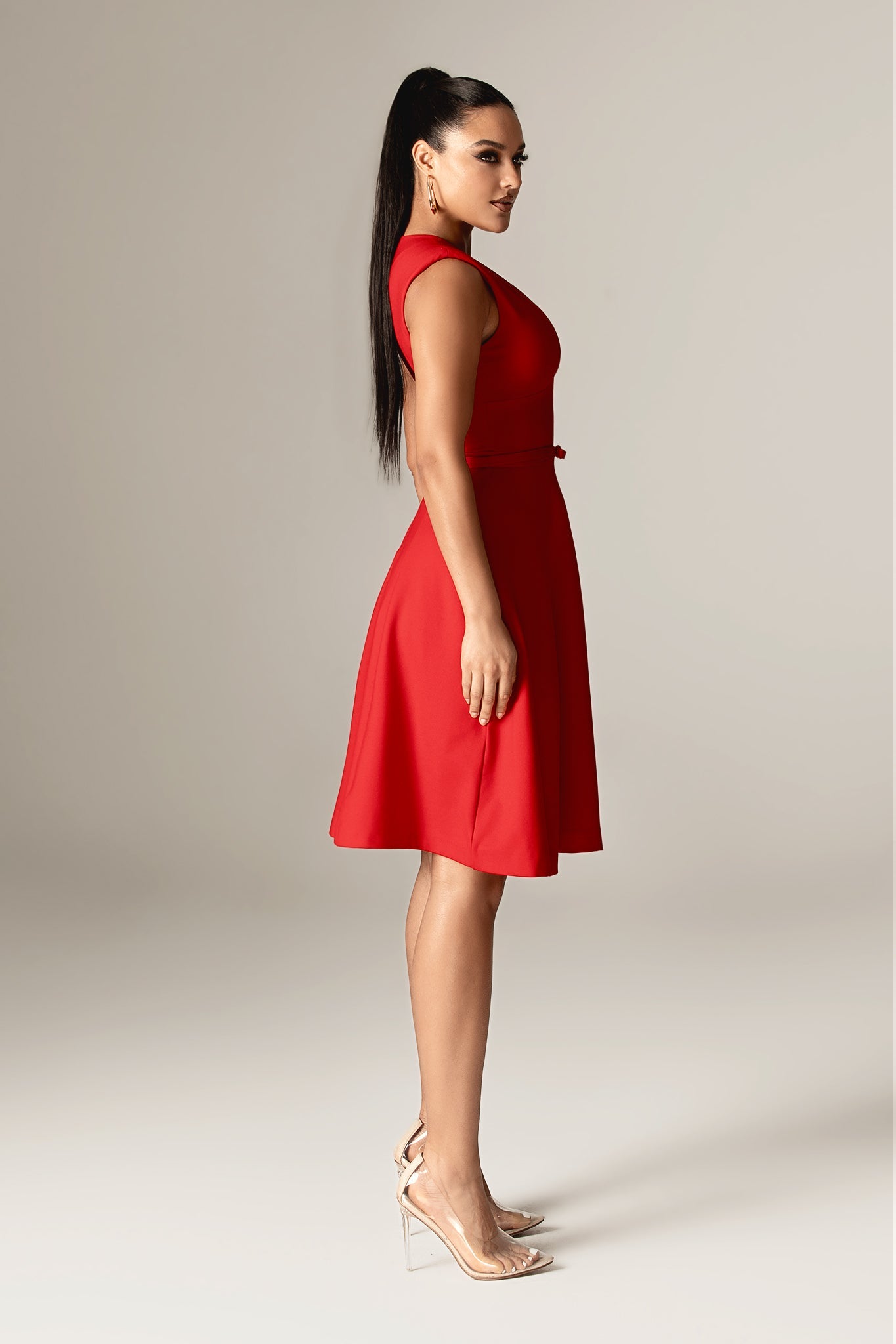 Leslie Italian Ponte Belted Midi Dress (Red)