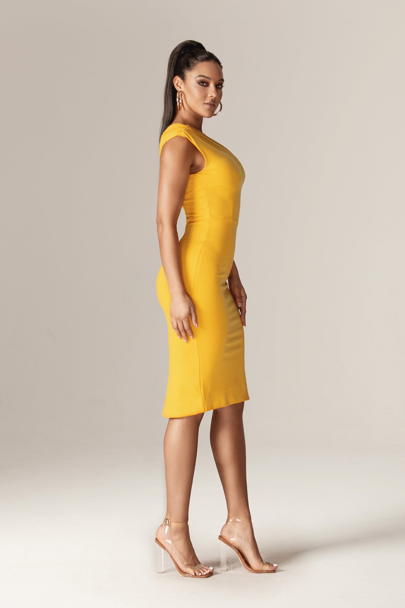 Madeline One Shoulder Ponte Midi Dress (Amber Yellow)