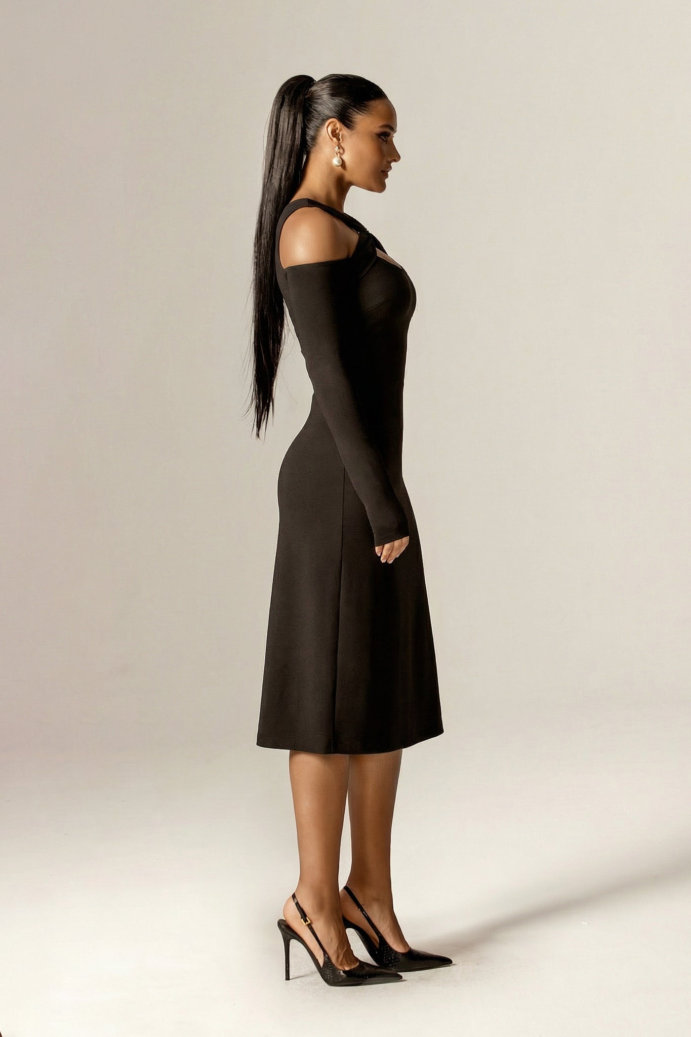 Deborah Asymmetric Cut-Out Ponte Midi Dress (Black)
