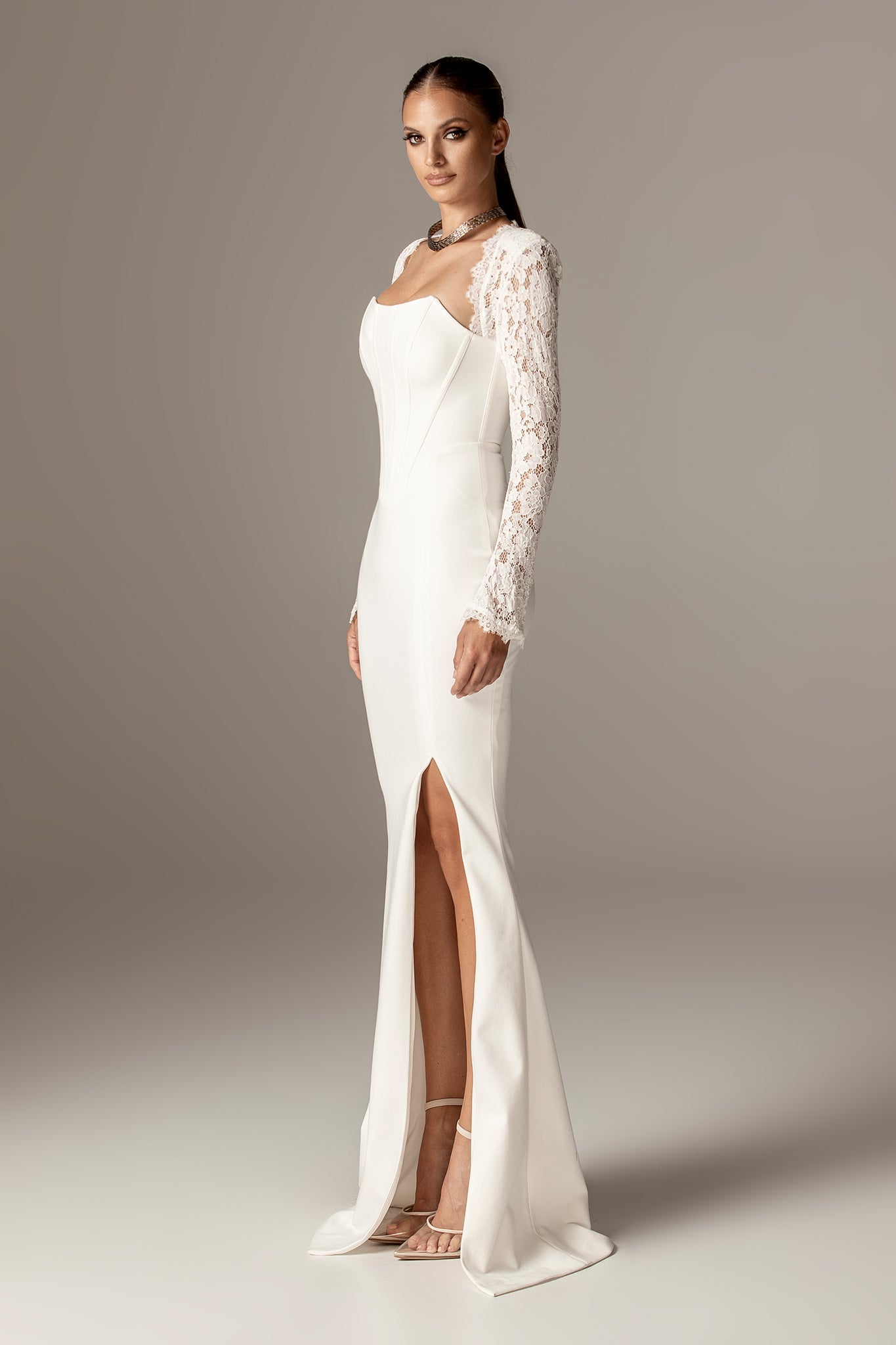 Veva Guipure Lace Corset Maxi Dress (Off White)