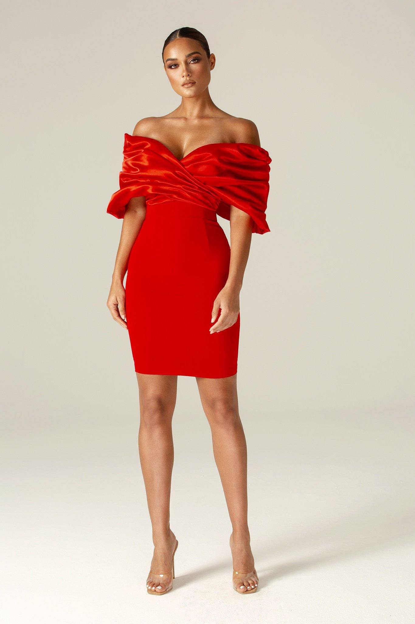 Maribel Crepe Ruffle Shoulder Dress (Red)
