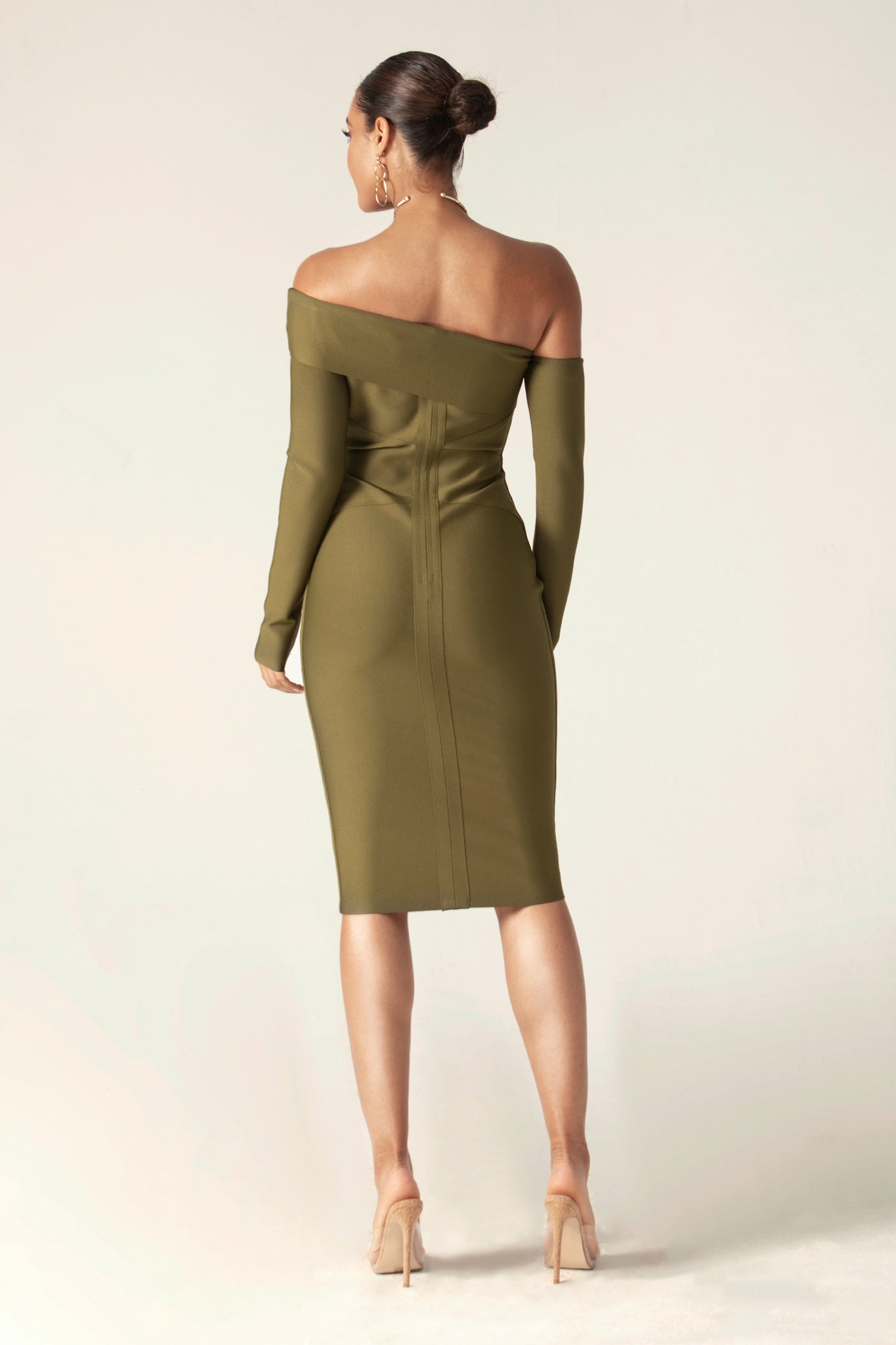 Shiva Off-Shoulder Bandage Midi Dress (Olive Green)