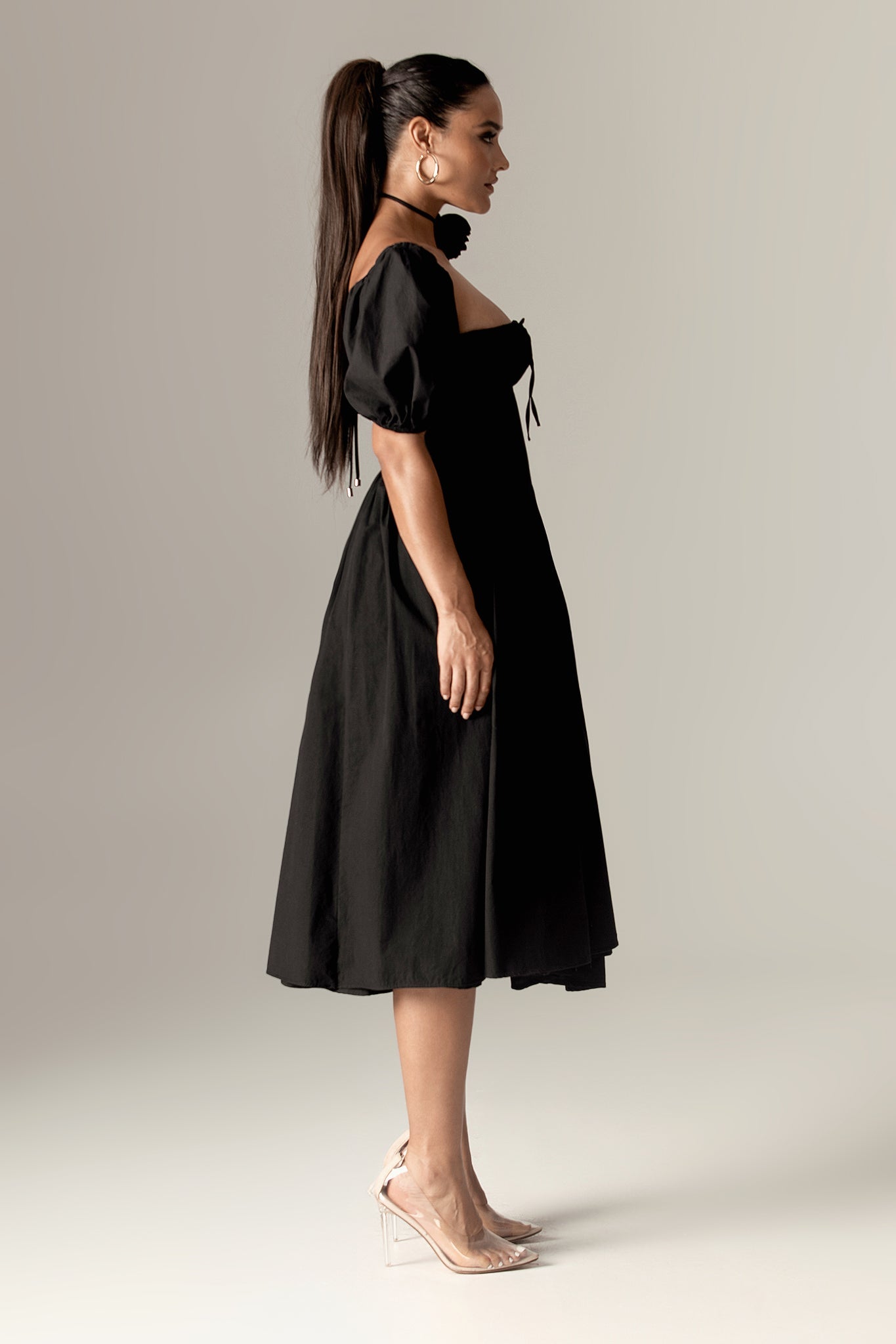 Lynette Cotton Bustier Midi Sundress (Black)