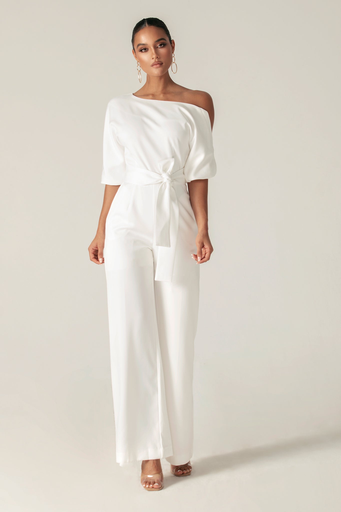 Ana Off Shoulder Belted Jumpsuit (Off White)