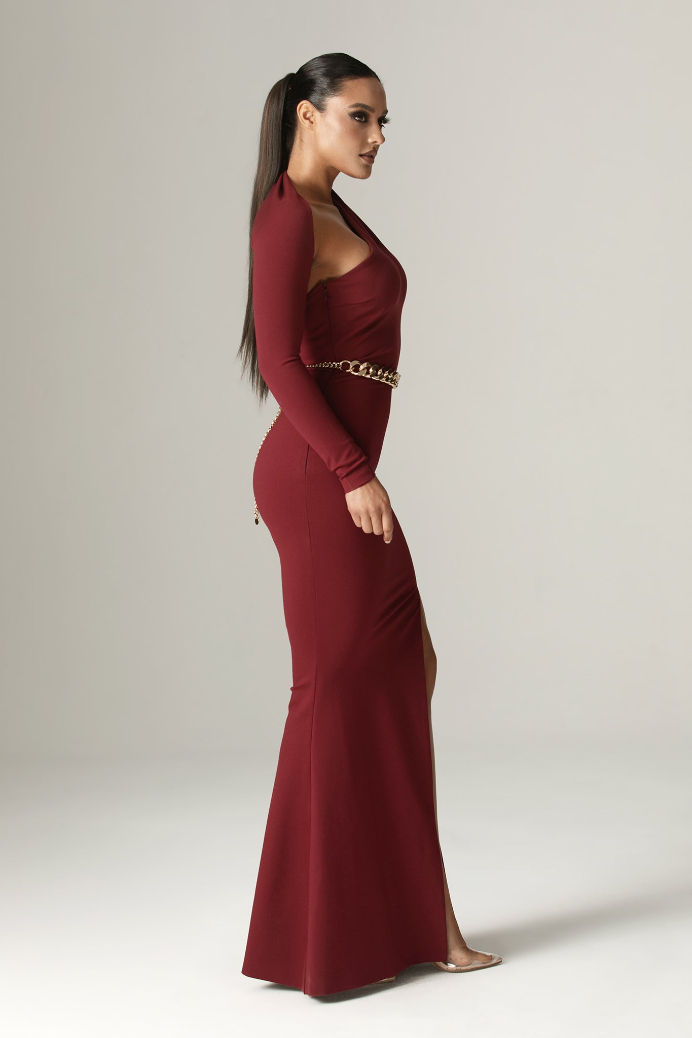 Lilux One Shoulder Modern Maxi Dress (Maroon)