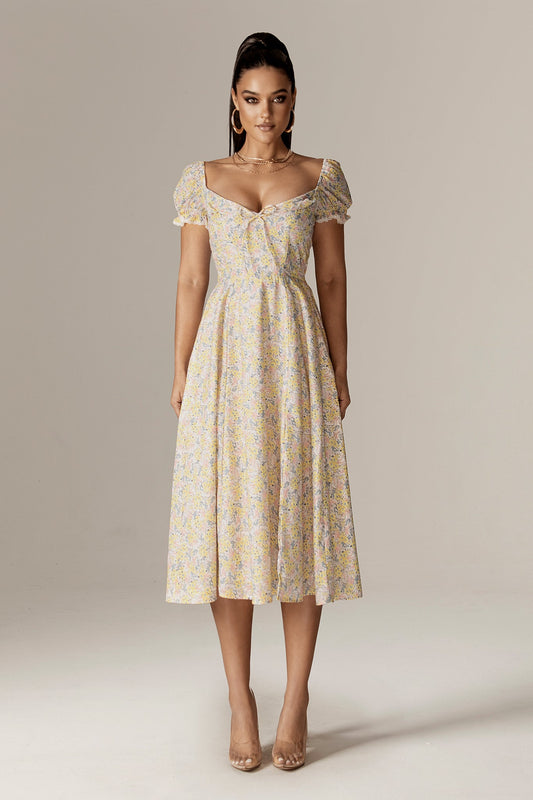 Kentra Sweetheart Puff Sleeves Midi Sundress (English Garden)