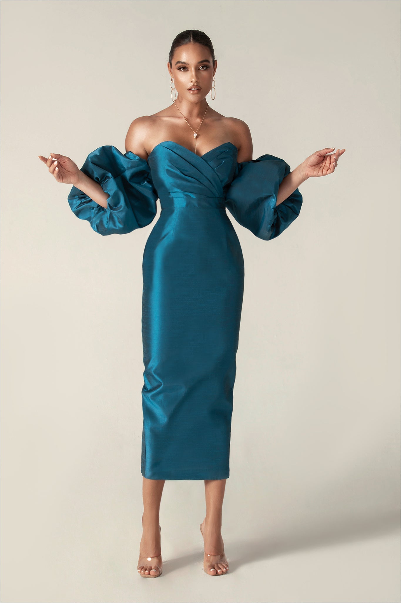 Tiffany Dupioni Puff Sleeve Maxi Dress (Royal Blue)