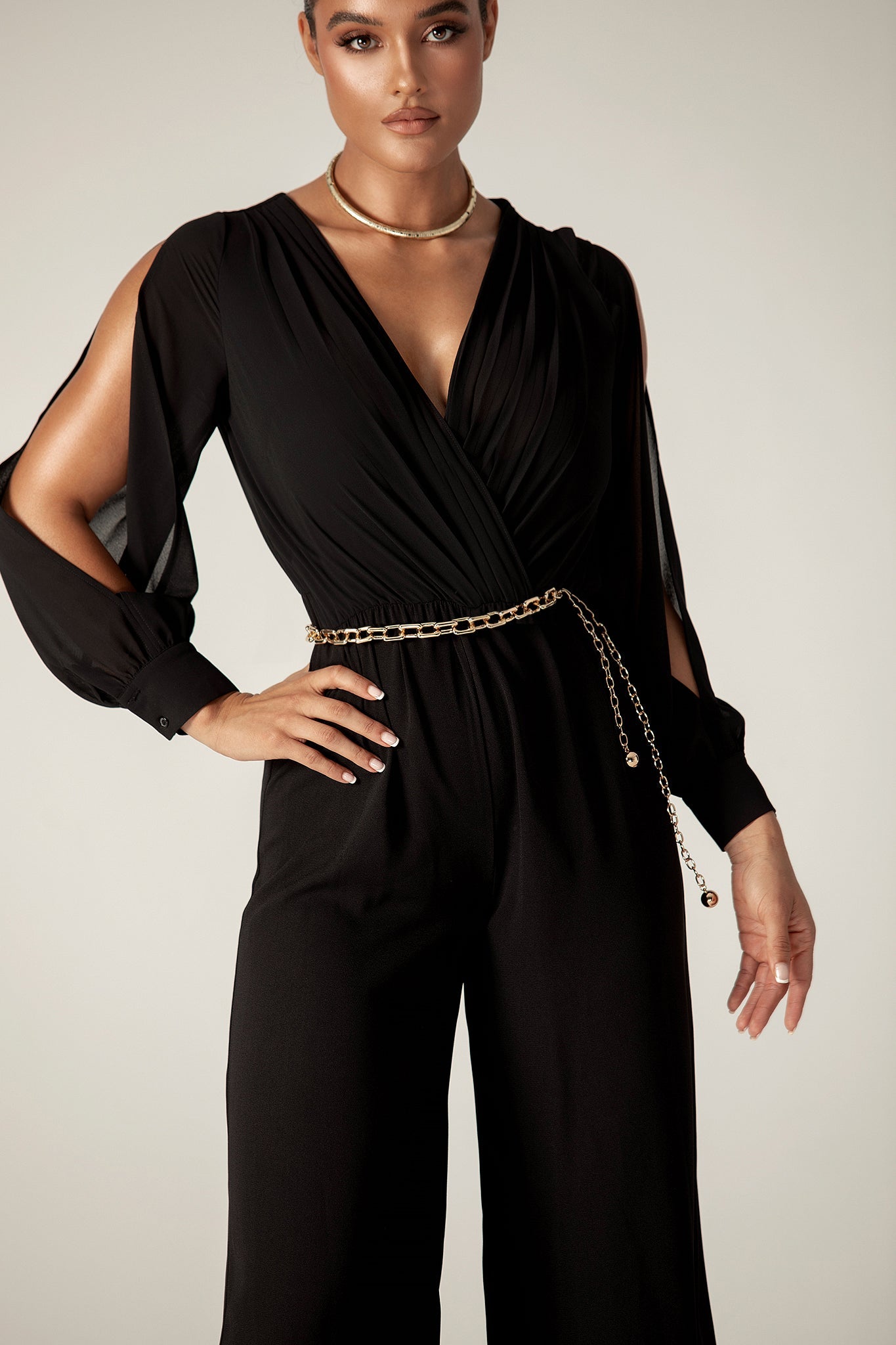 Serah Crepe Slit Sleeves Jumpsuit (Black)