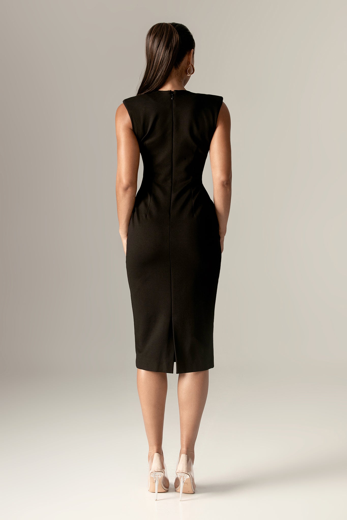 Lianna Deep Slit Neckline Dress (Black)