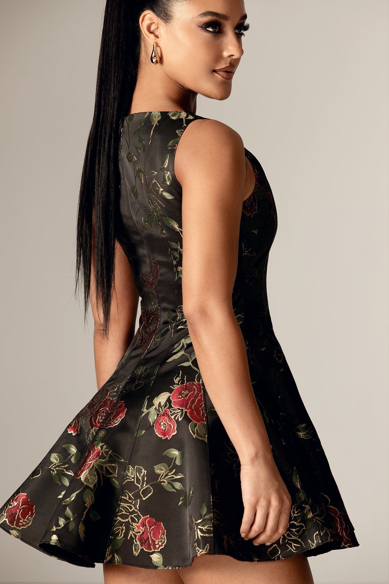 Roselyn Jacquard Rose Mini Dress (Rose Print)