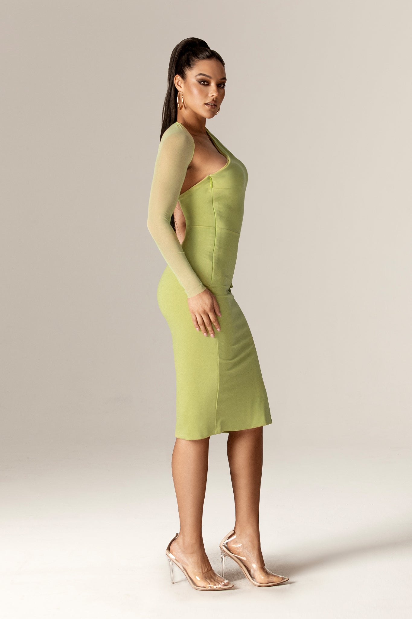 Oksana One Shoulder Ponte Midi Dress (Lime Green)