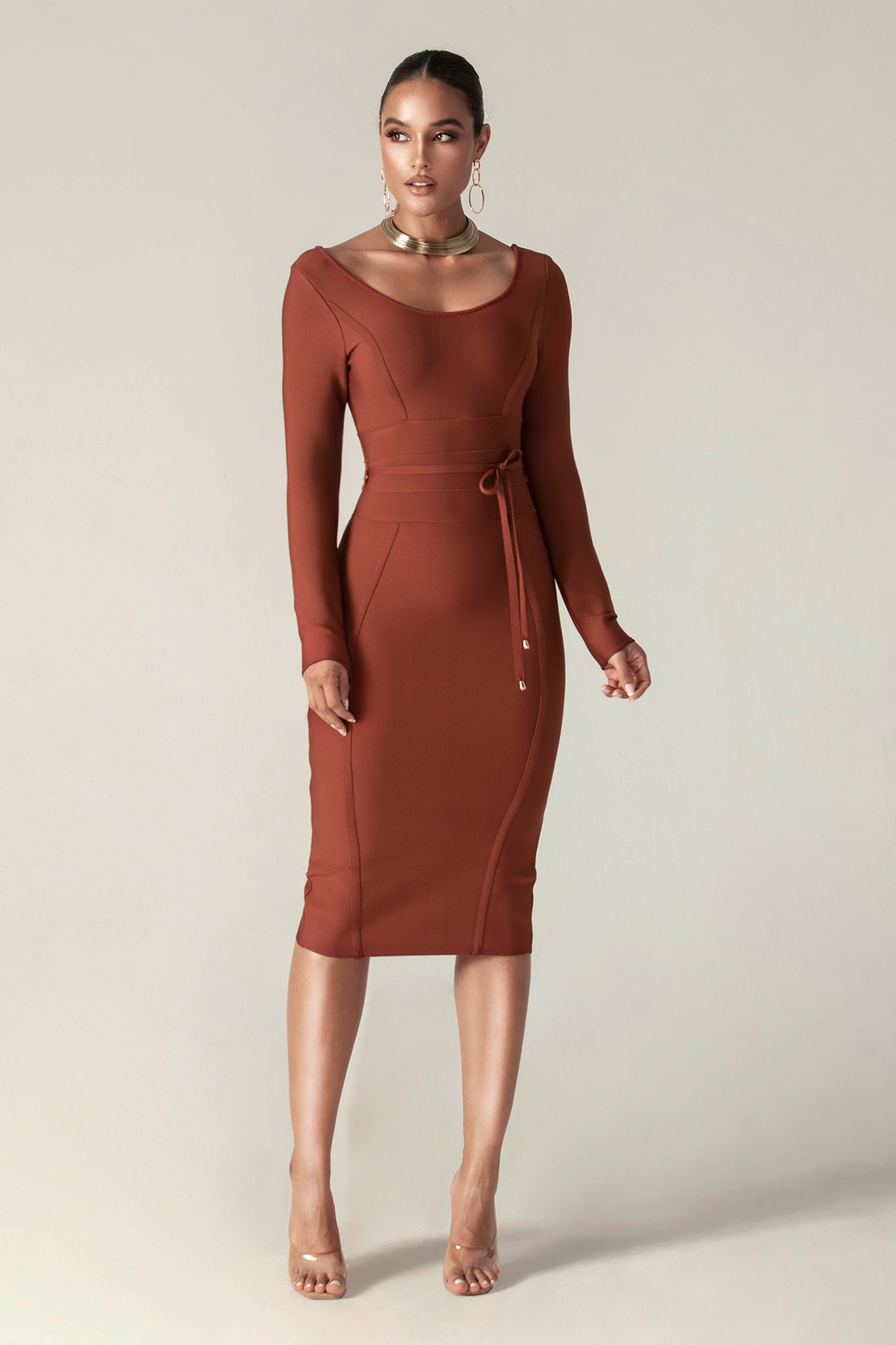 Lilia Tie Waist Bandage Dress (Fire Brick)