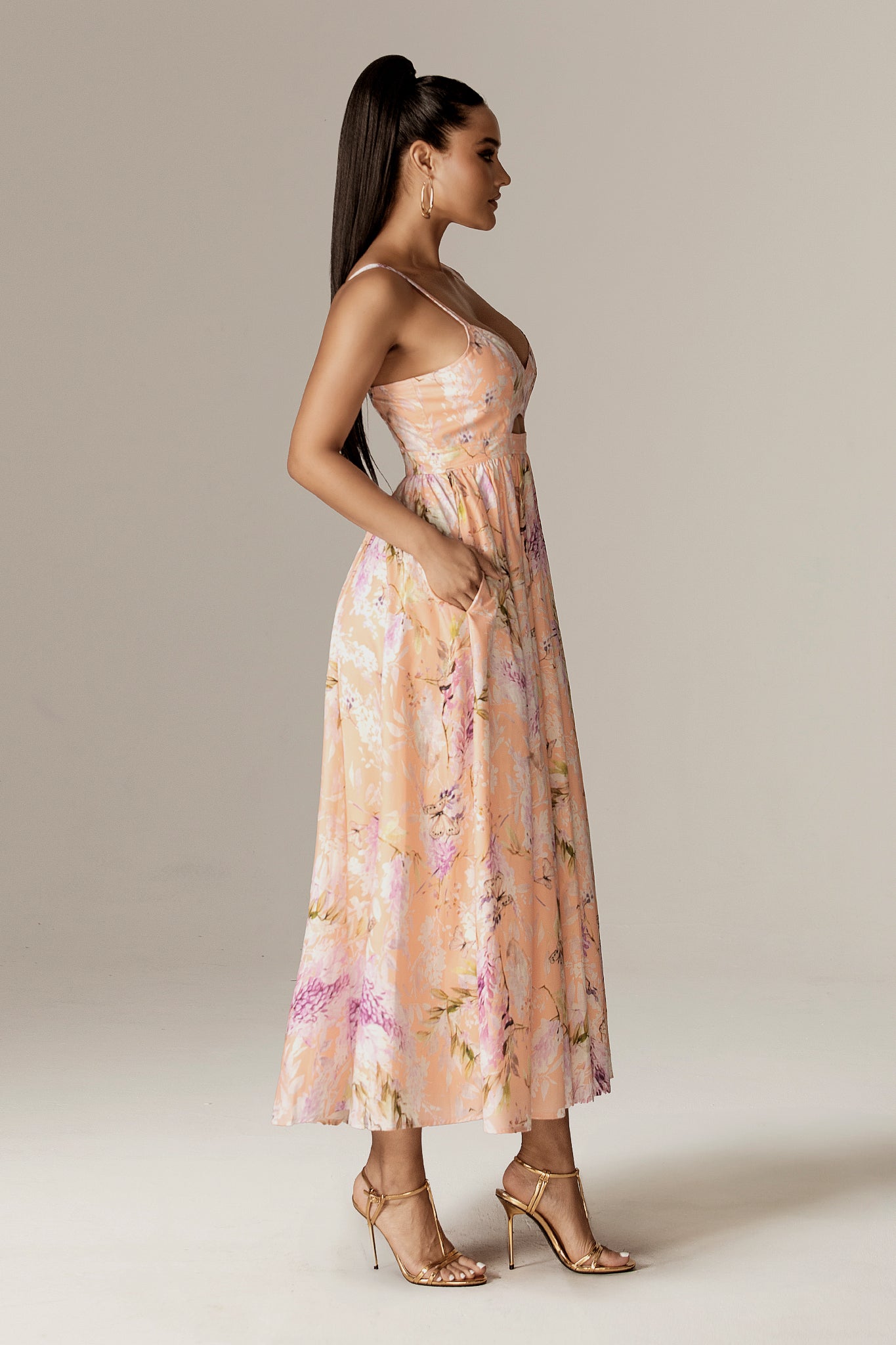 Sione Cutout Midi Dress (Coral Butterfly Meadow)