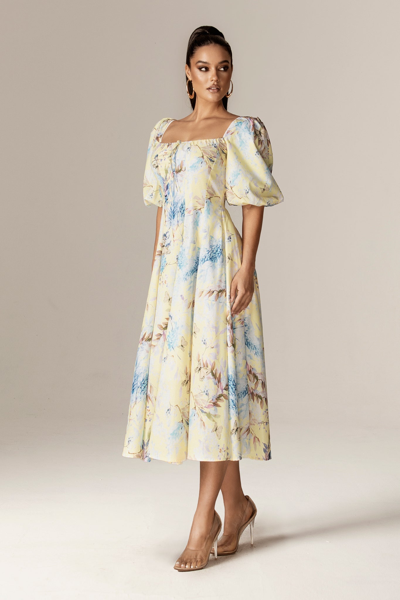 Daryl Crepe Puff Sleeves Midi Dress (Yellow Butterfly Meadow)