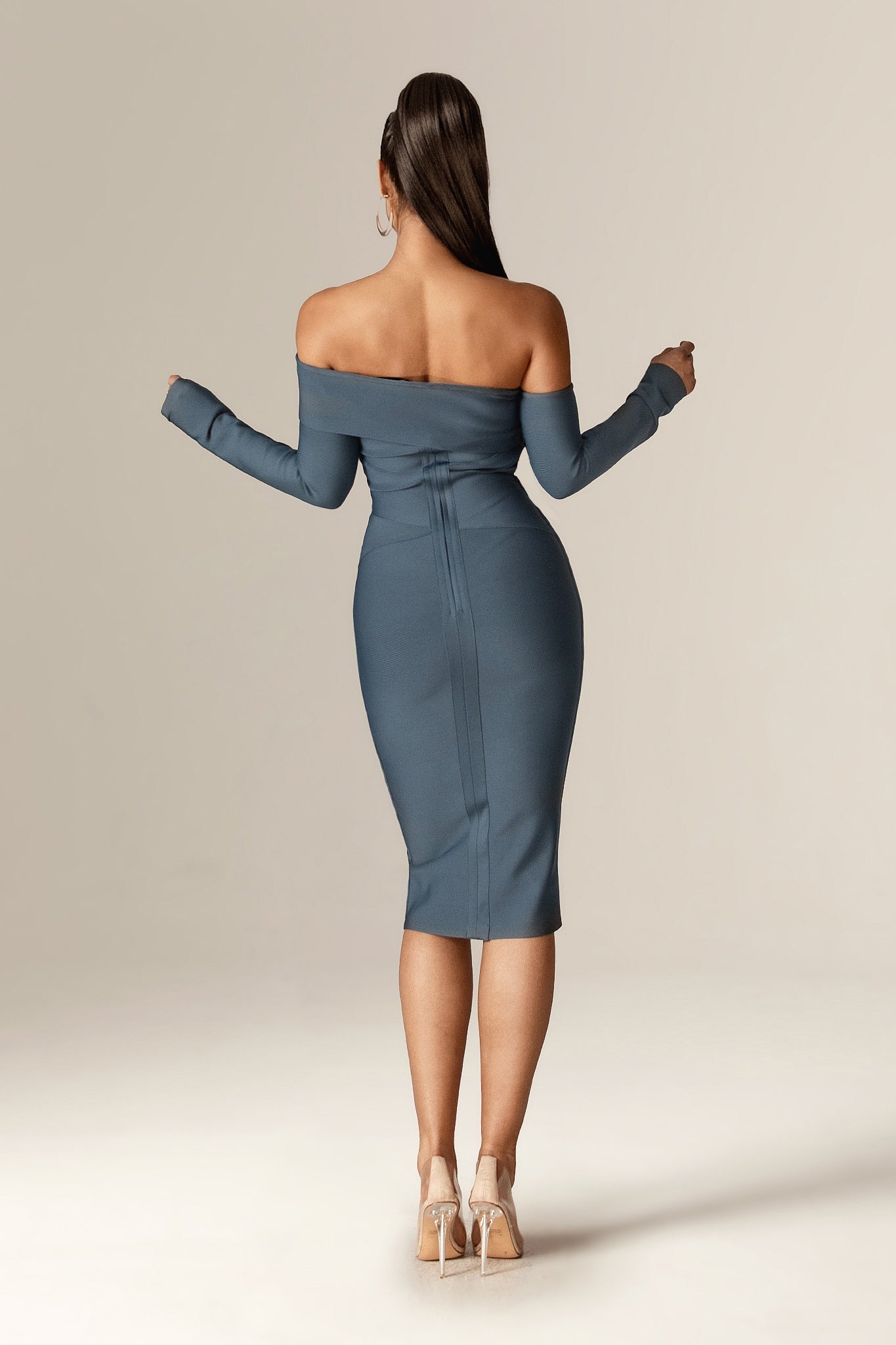 Shiva Off-Shoulder Bandage Midi Dress (Blue Bayberry)