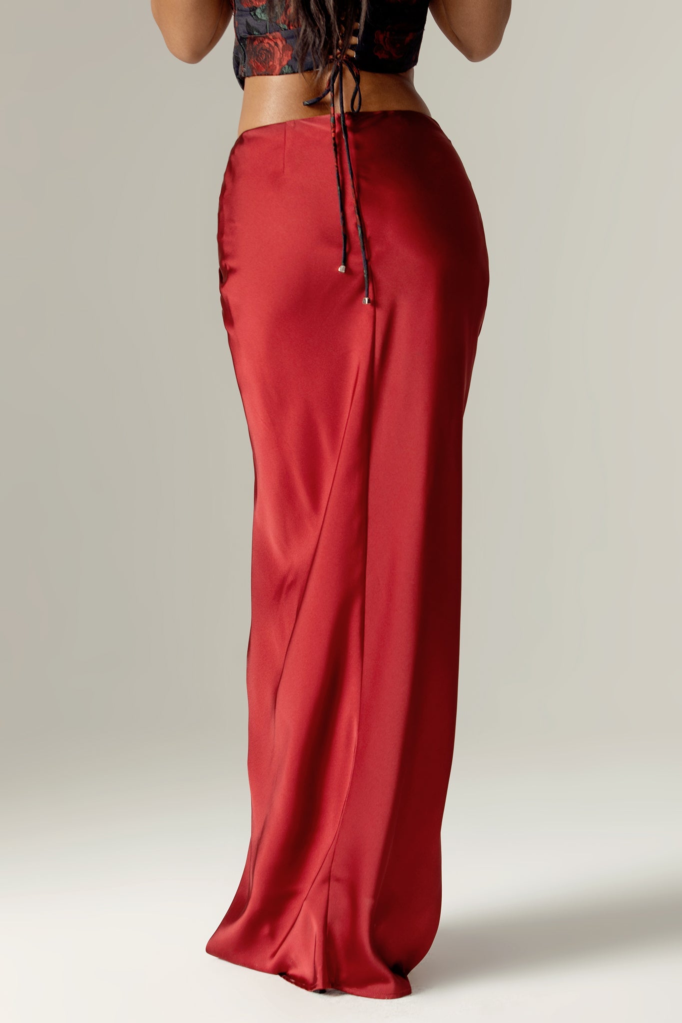 Yvette Satin Thigh Slit Skirt (Maroon)