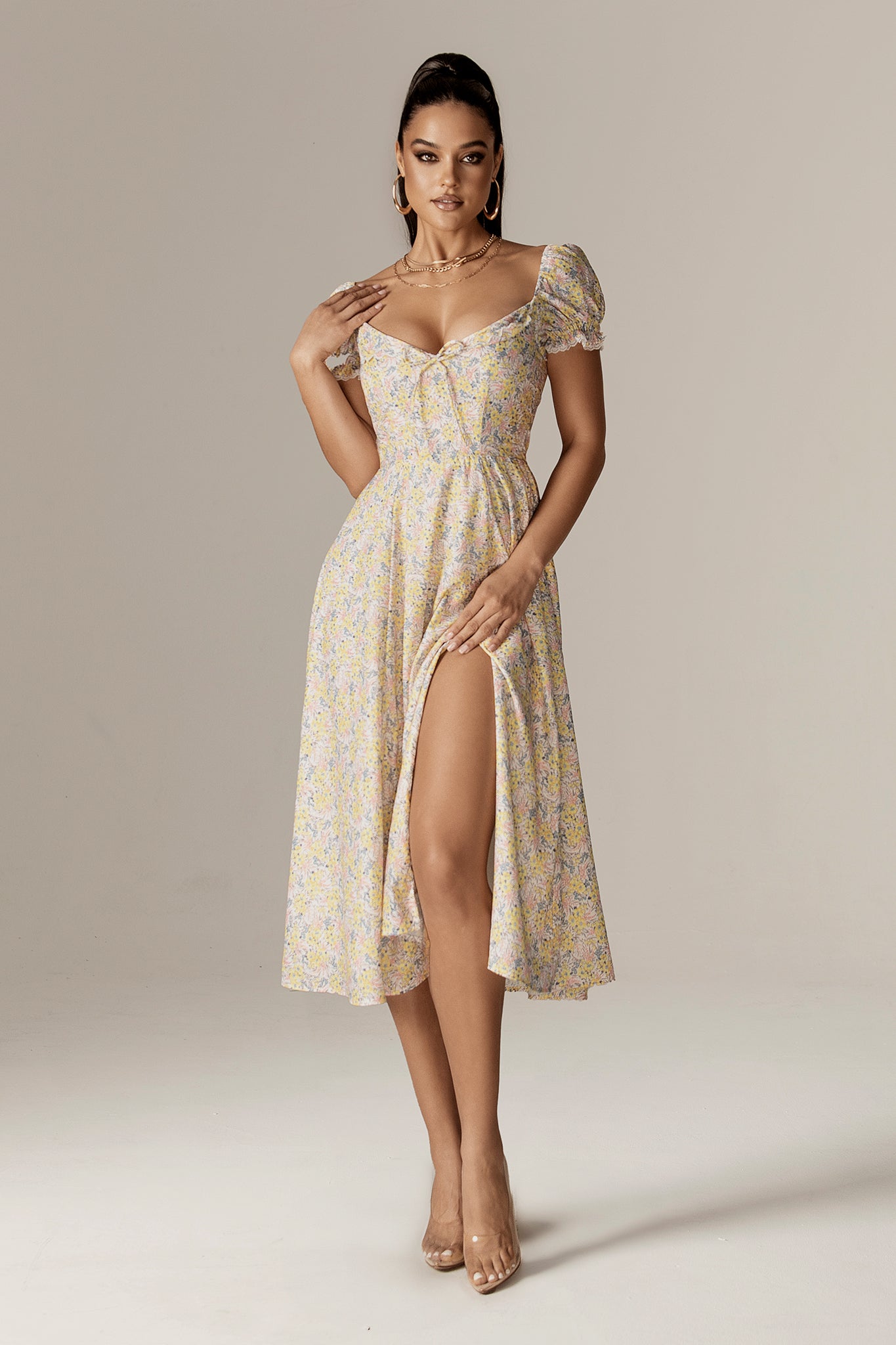 Kentra Sweetheart Puff Sleeves Midi Sundress (English Garden)