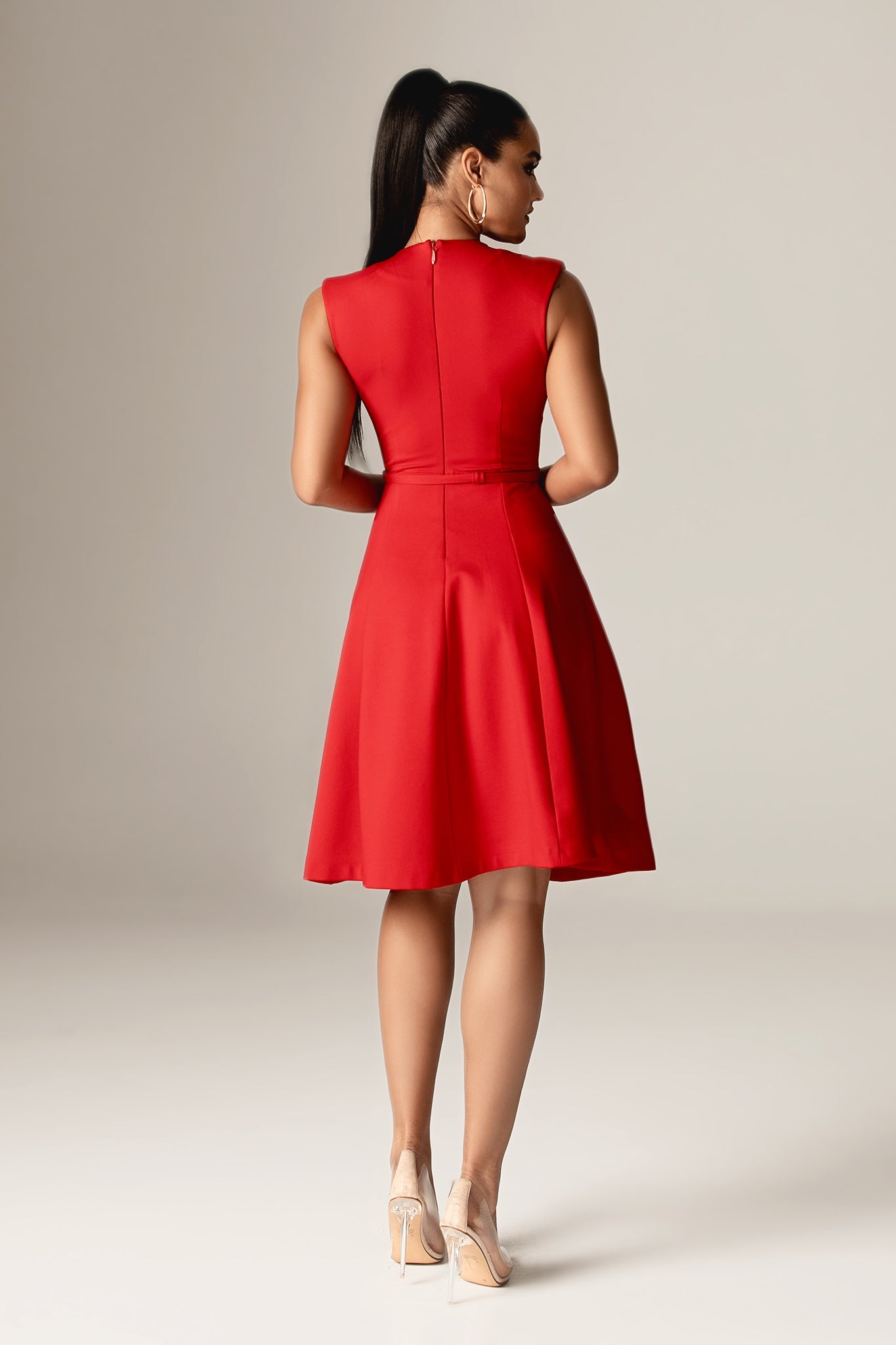 Leslie Italian Ponte Belted Midi Dress (Red)