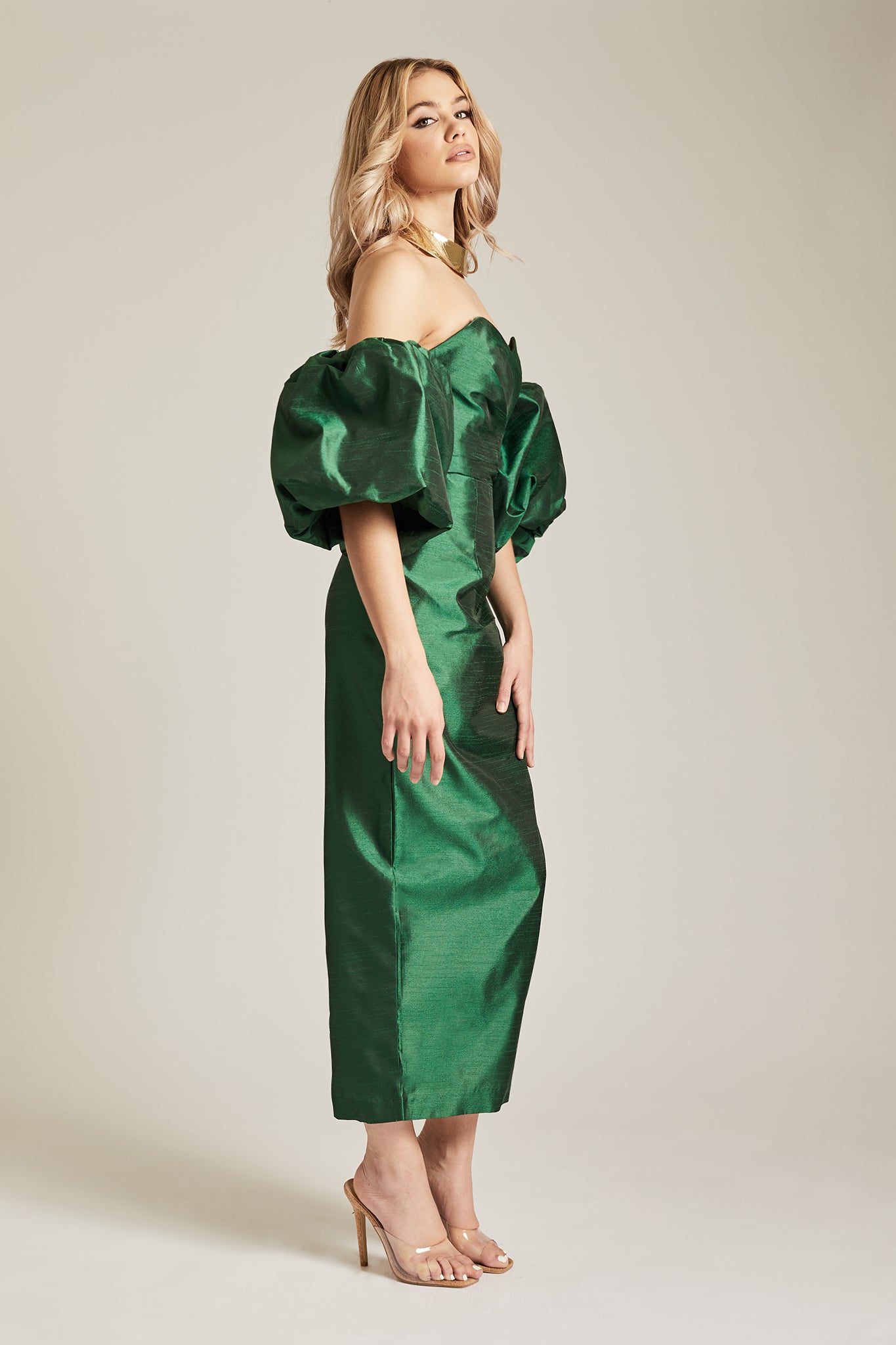 Tiffany Dupioni Puff Sleeve Maxi Dress (Emerald Green)