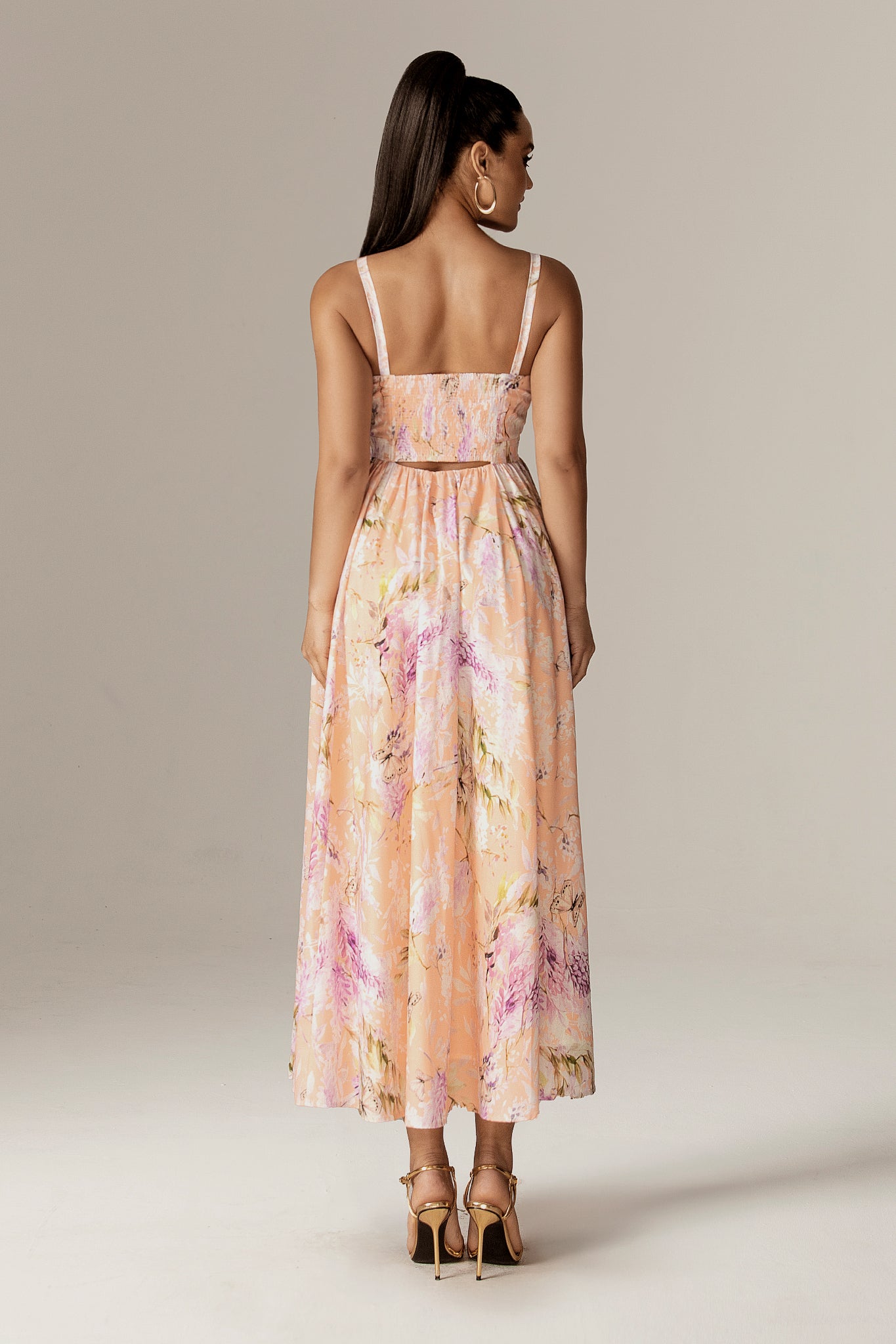 Sione Cutout Midi Dress (Coral Butterfly Meadow)