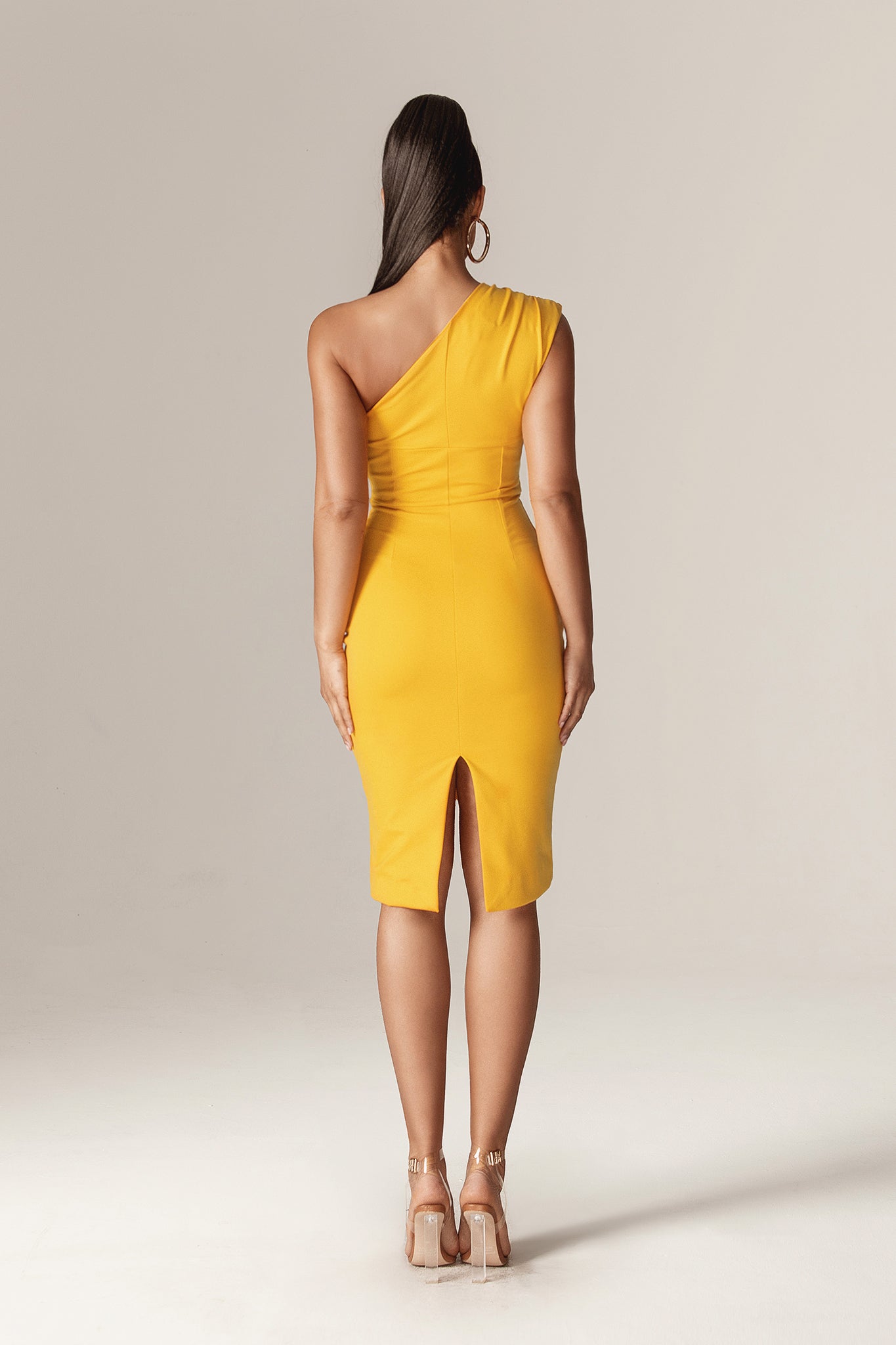 Madeline One Shoulder Ponte Midi Dress (Amber Yellow)