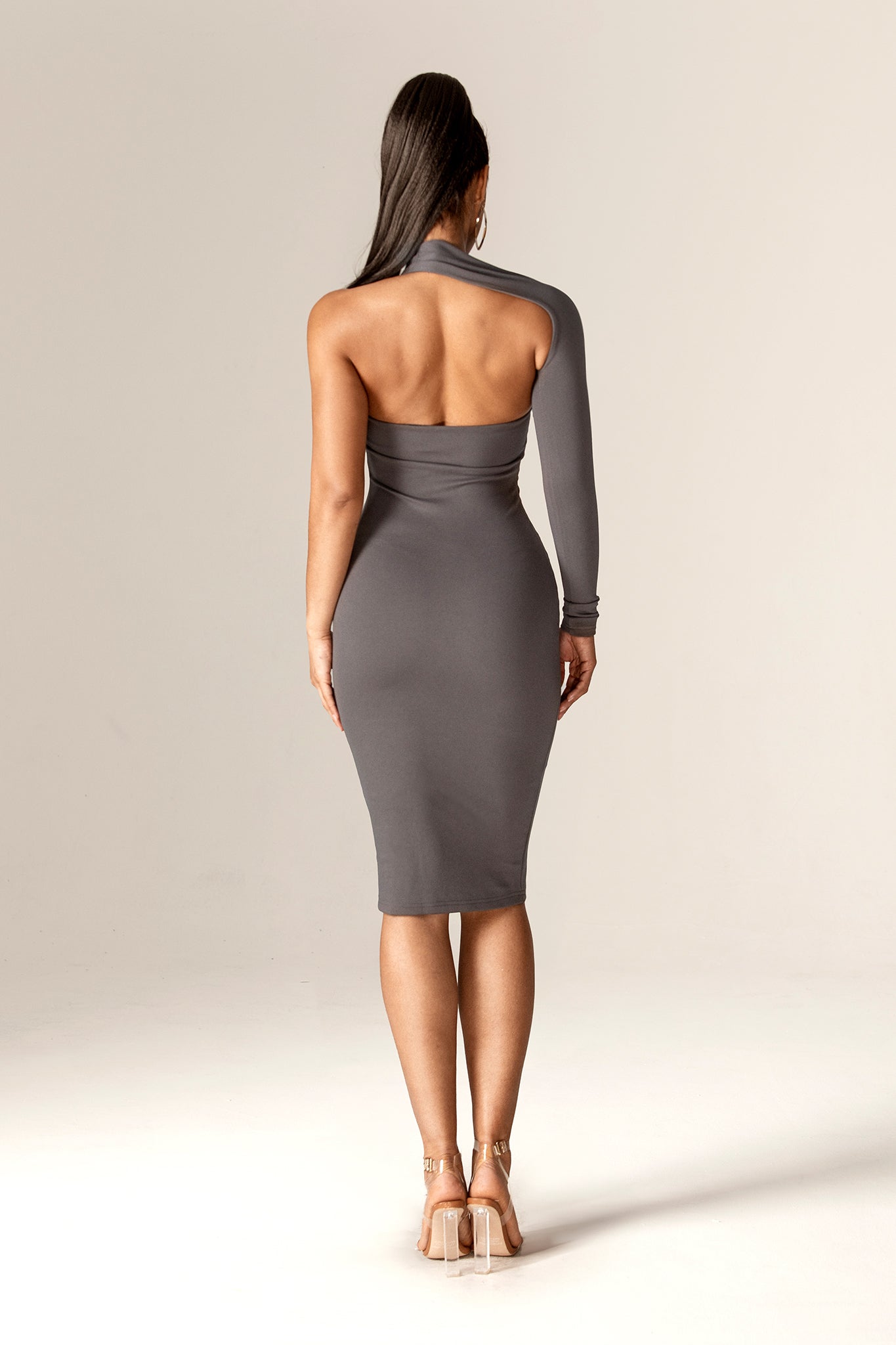 Dasha Asymmetrical Modern Midi Dress (Gray)