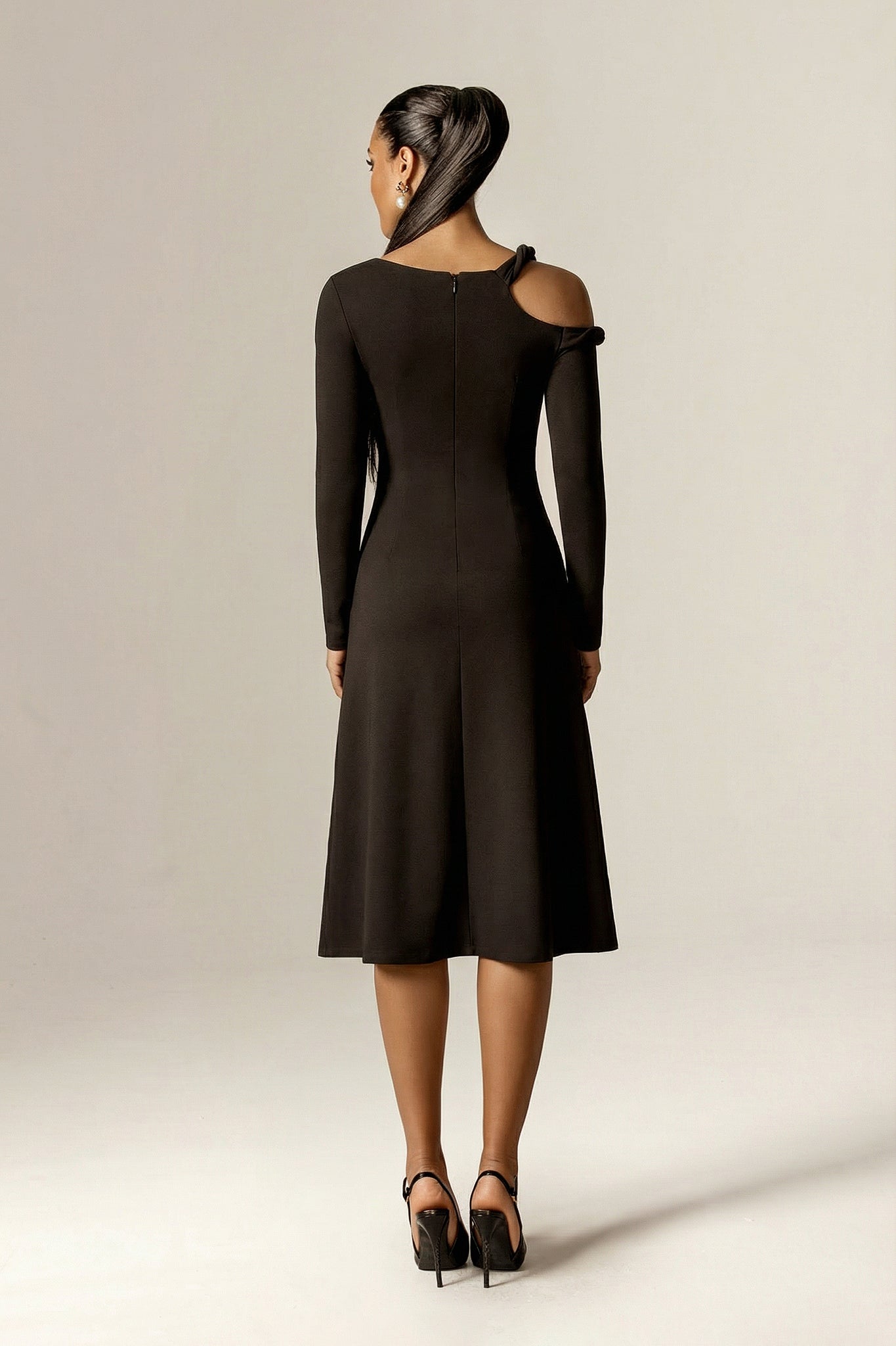 Deborah Asymmetric Cut-Out Ponte Midi Dress (Black)