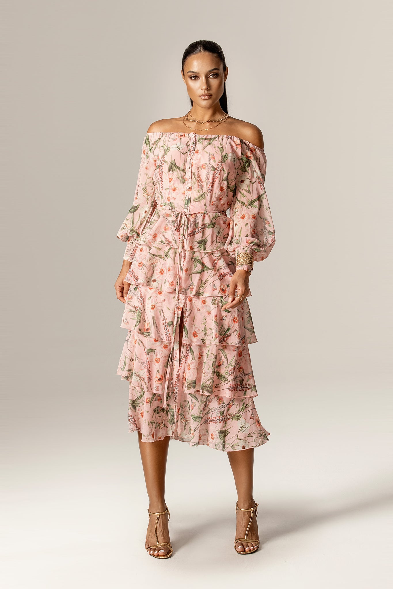 Dorra Off-Shoulder Floral Georgette Chiffon Midi Dress (Rosy Meadow)