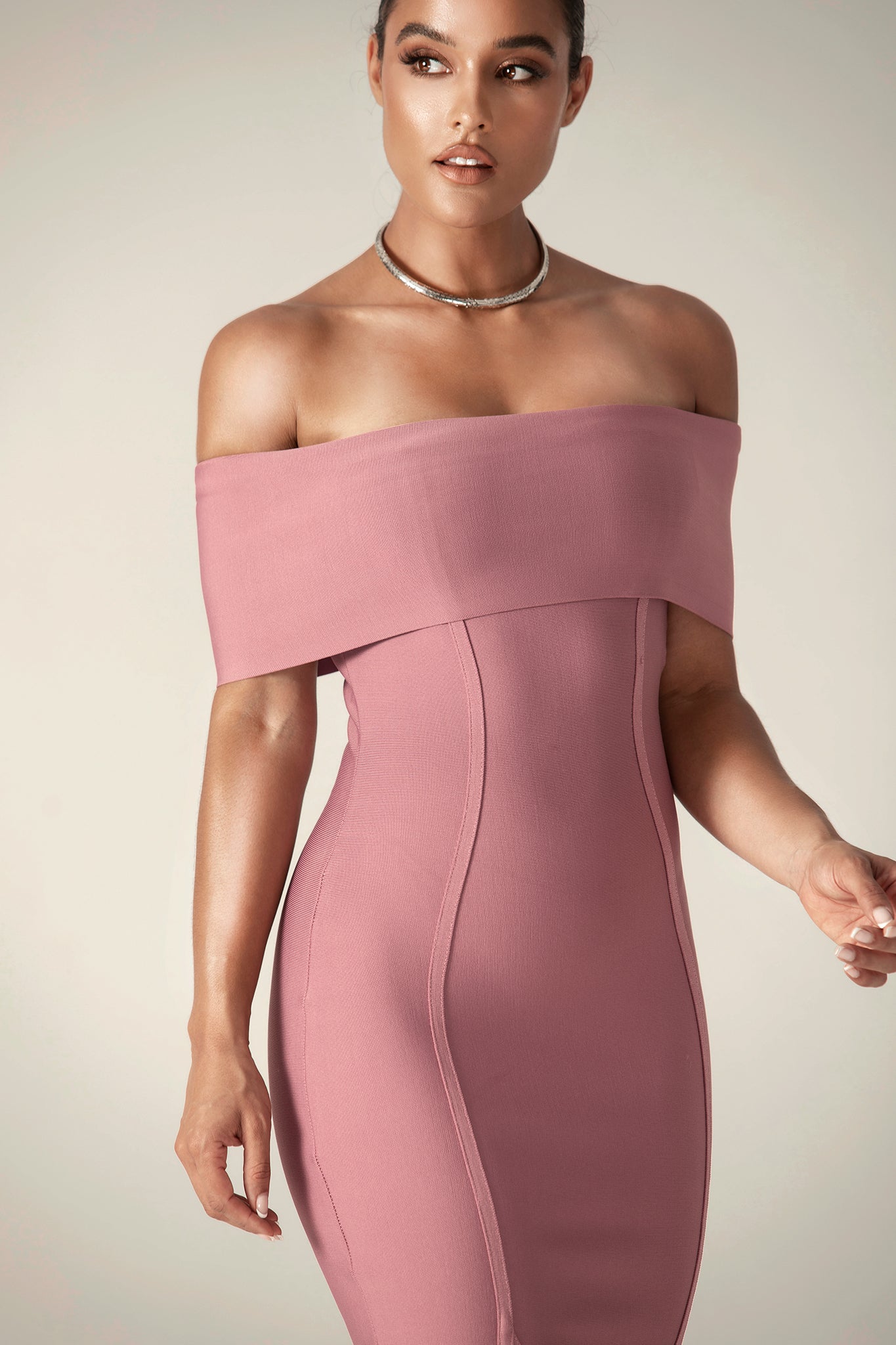 Miel Off Shoulder Bandage Dress (Thulian Pink)