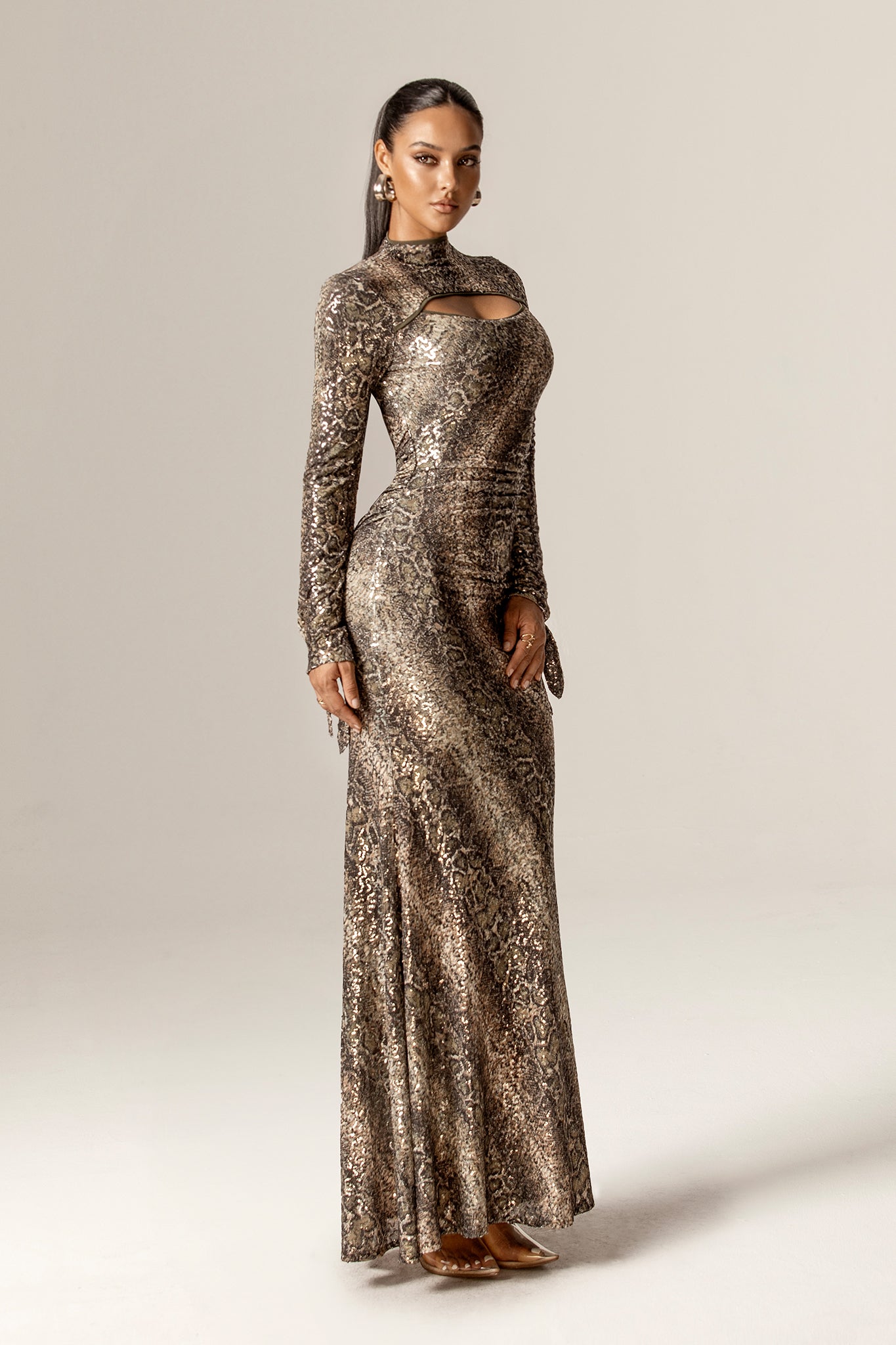 Dorty Sequins Mesh Maxi Dress (Snake Print)
