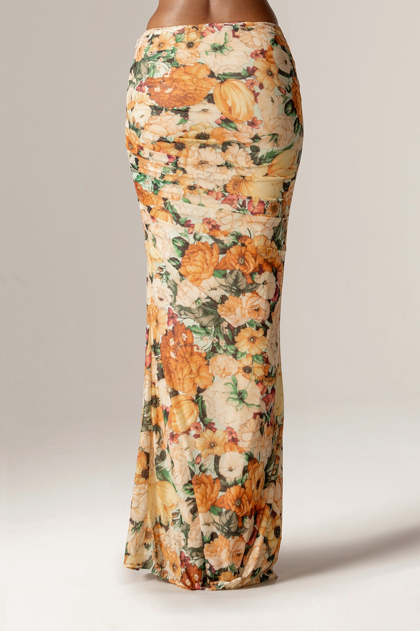 Jenna Ruched Mesh Maxi Skirt (Sunburst Floral Print)