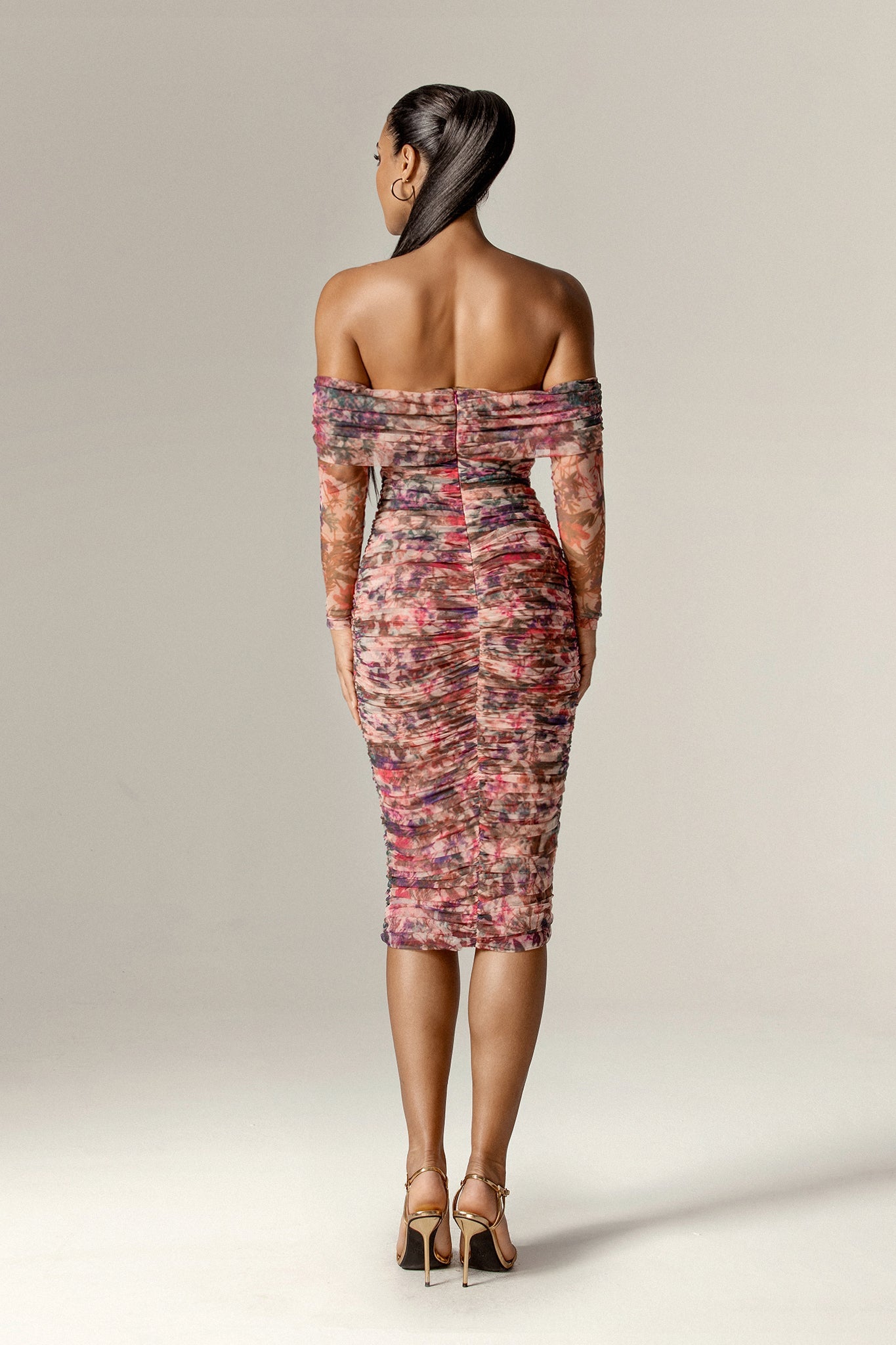 Hayley Off-Shoulder Mesh Midi Dress (Crimson Garden)