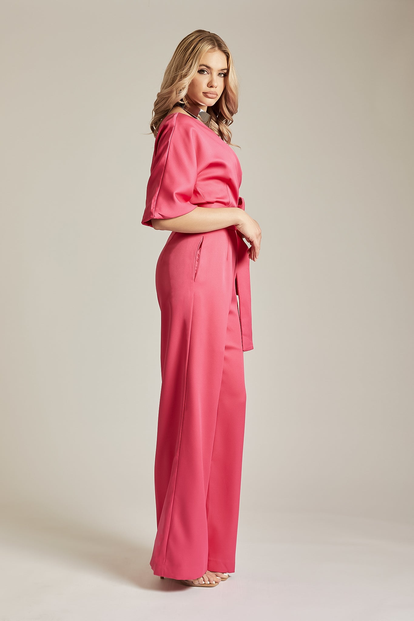 Ana Off Shoulder Belted Jumpsuit (Pink)