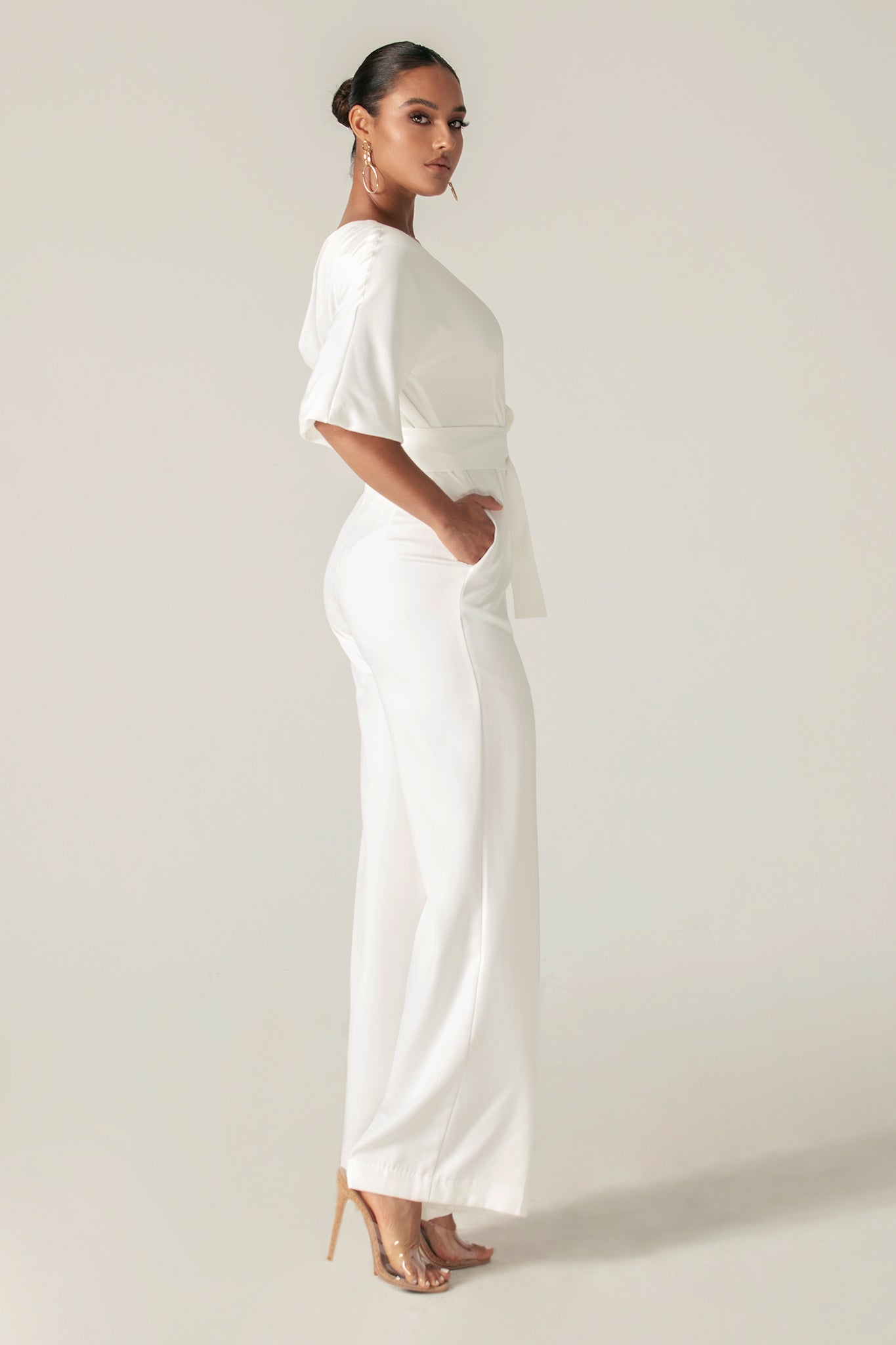 Ana Off Shoulder Belted Jumpsuit (Off White)
