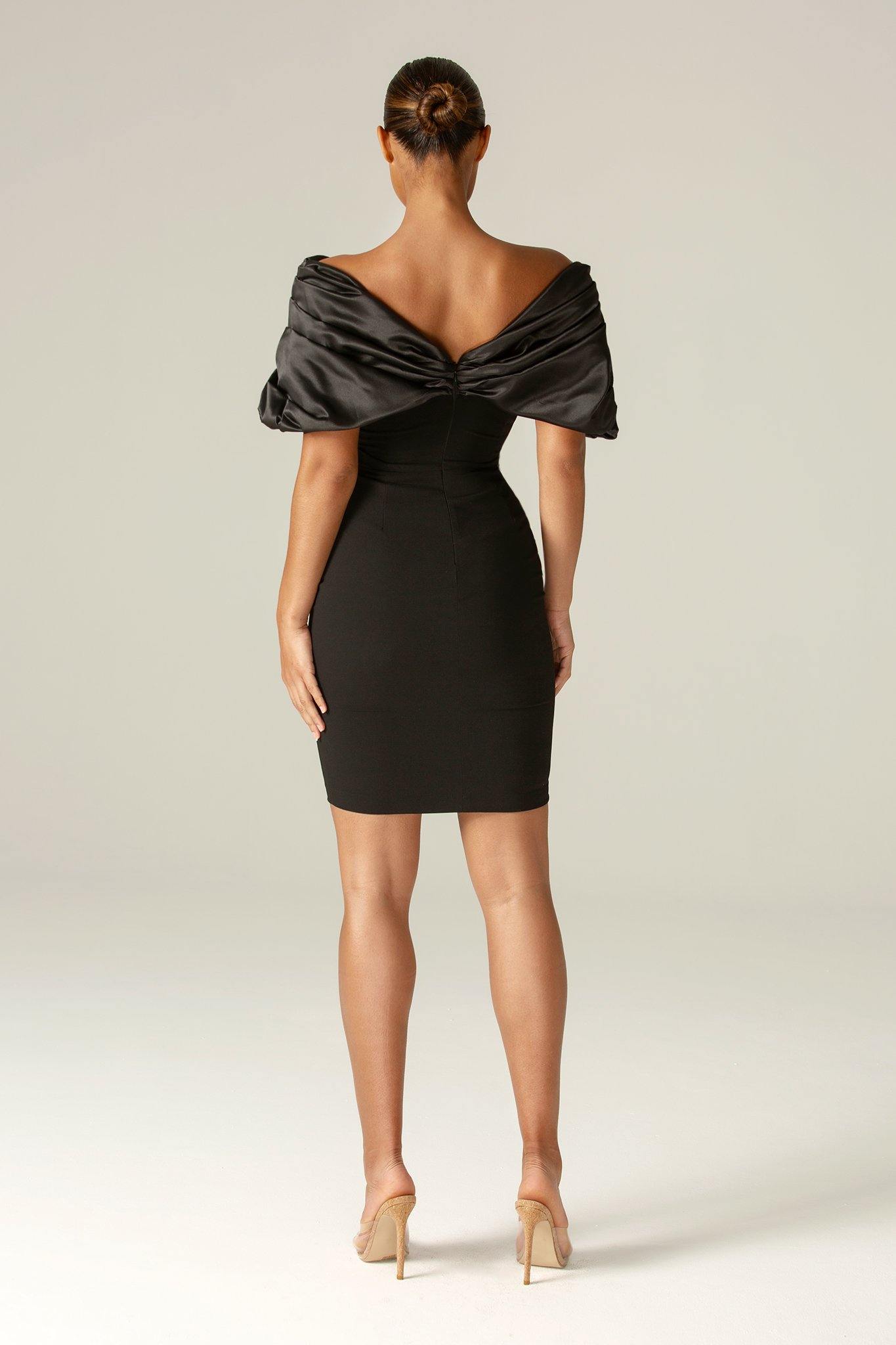 Maribel Crepe Ruffle Shoulder Mini Dress (Black)