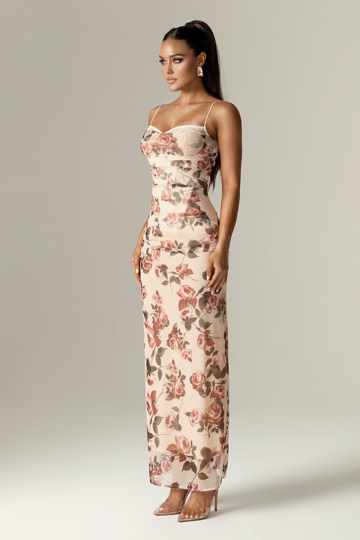 Evita Italian Rose Print Corset Maxi Dress (Rose Print)
