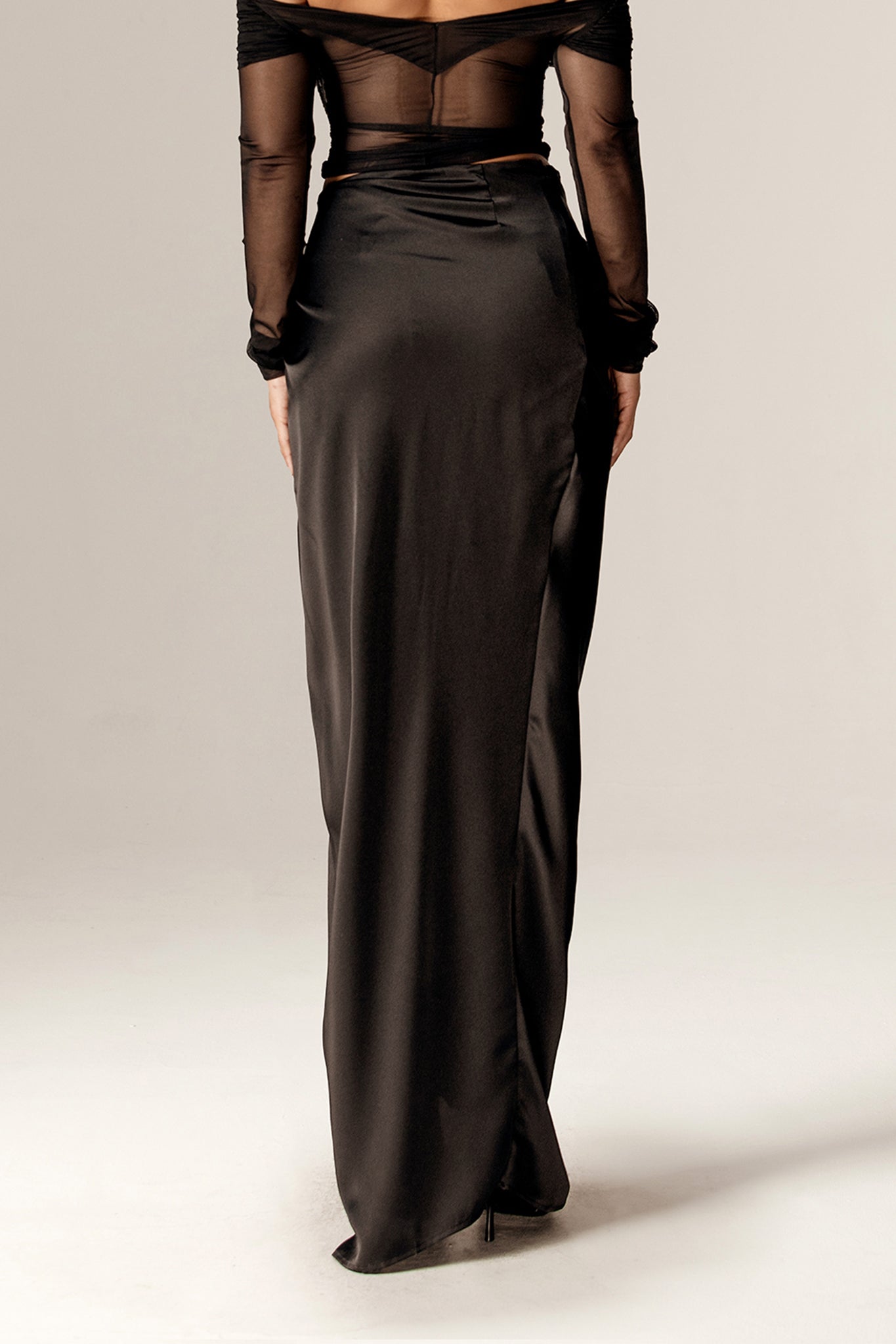 Yvette Satin Thigh Slit Skirt (Black)
