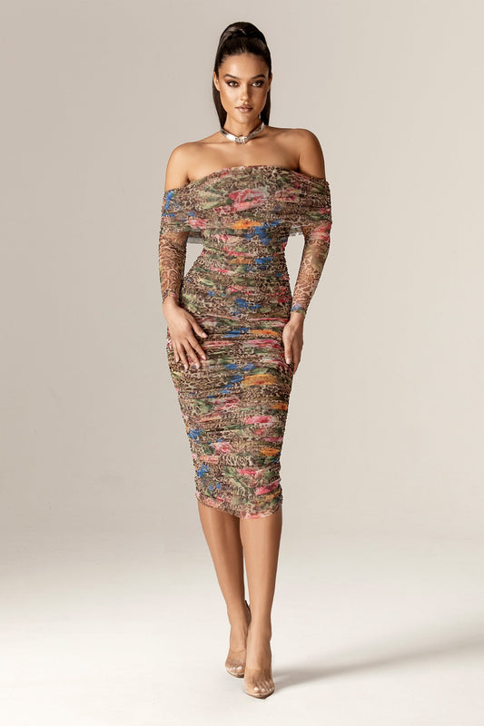 Hayley Off-Shoulder Mesh Midi Dress (Leopard's Peony)
