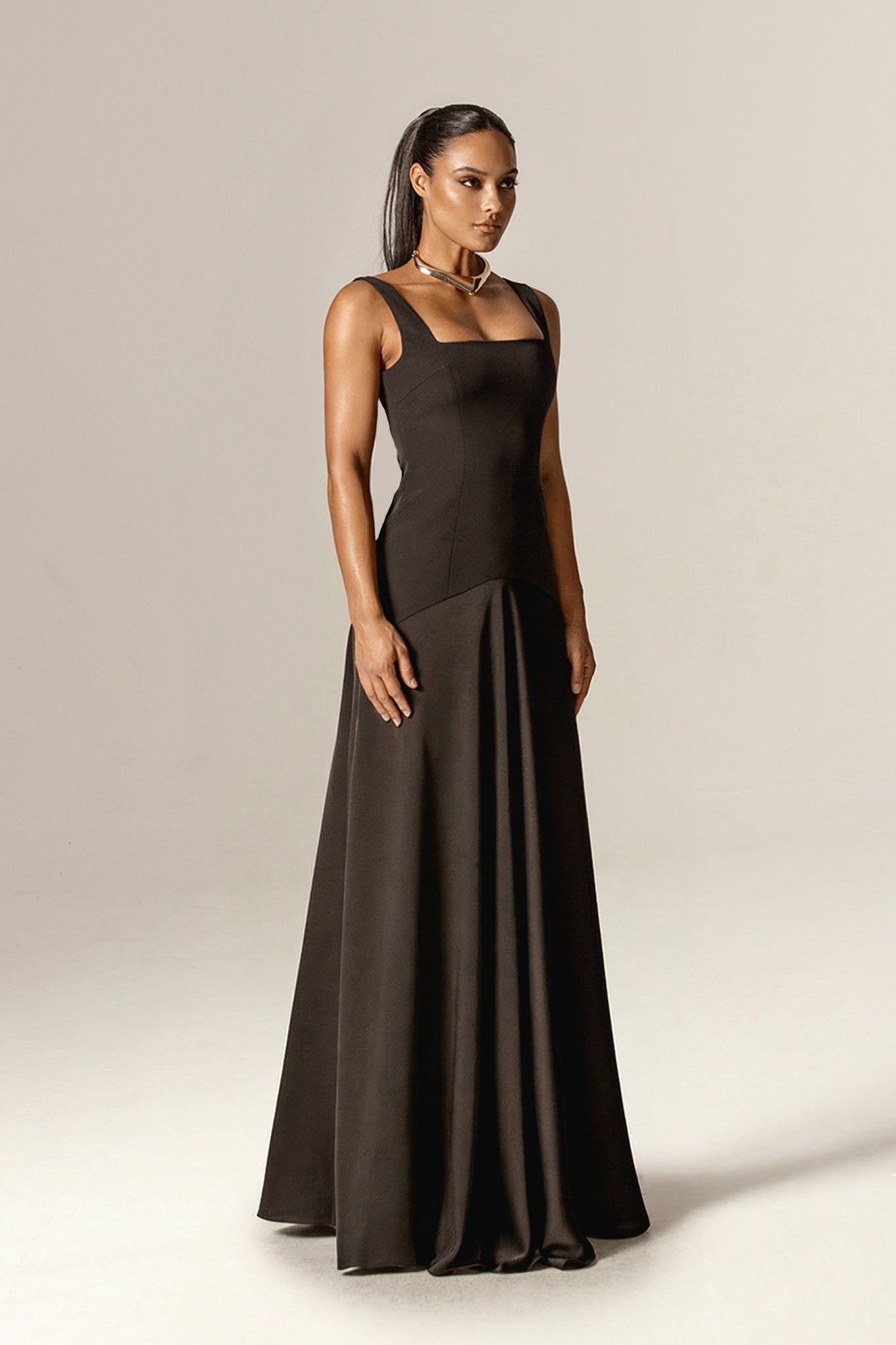 Beverly Square Neck Crepe Maxi Dress (Black)