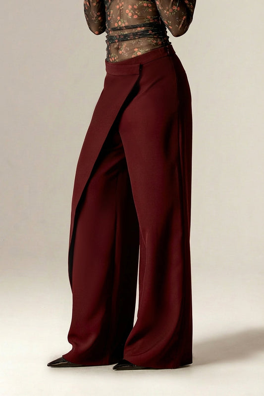 Mila Draped Wide-Leg Crepe Pants (Goth Red)