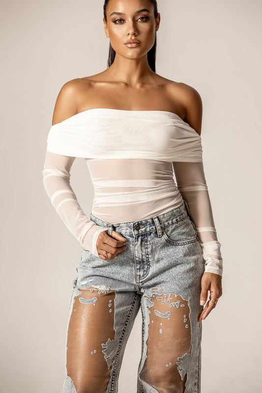 Regina Draped Off-Shoulder Mesh Top (Off White)